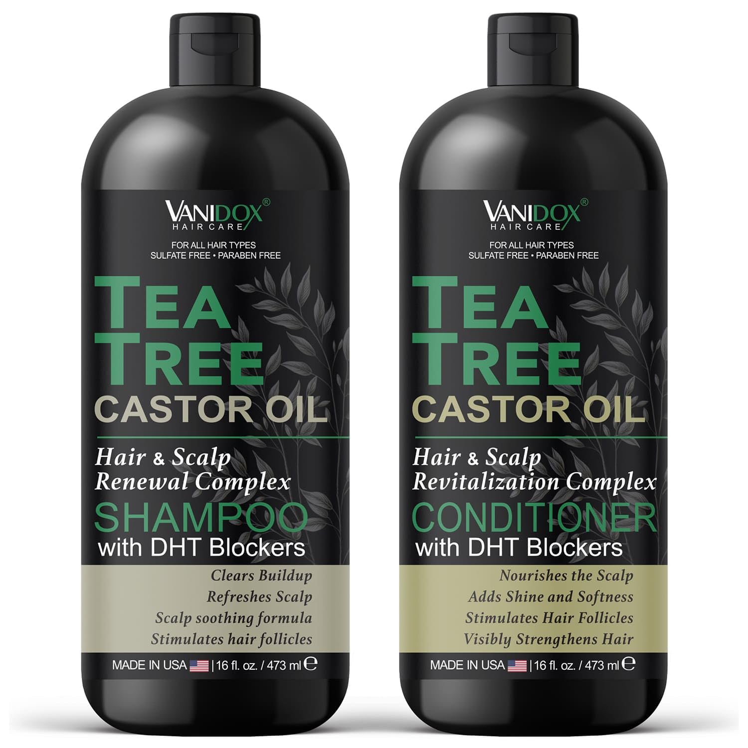 VANIDOX Tea Tree Shampoo and Conditioner Set with Castor Oil and 100% Pure Tea Tree Oil for Itchy and Dry Scalp - Sulfate and Pa