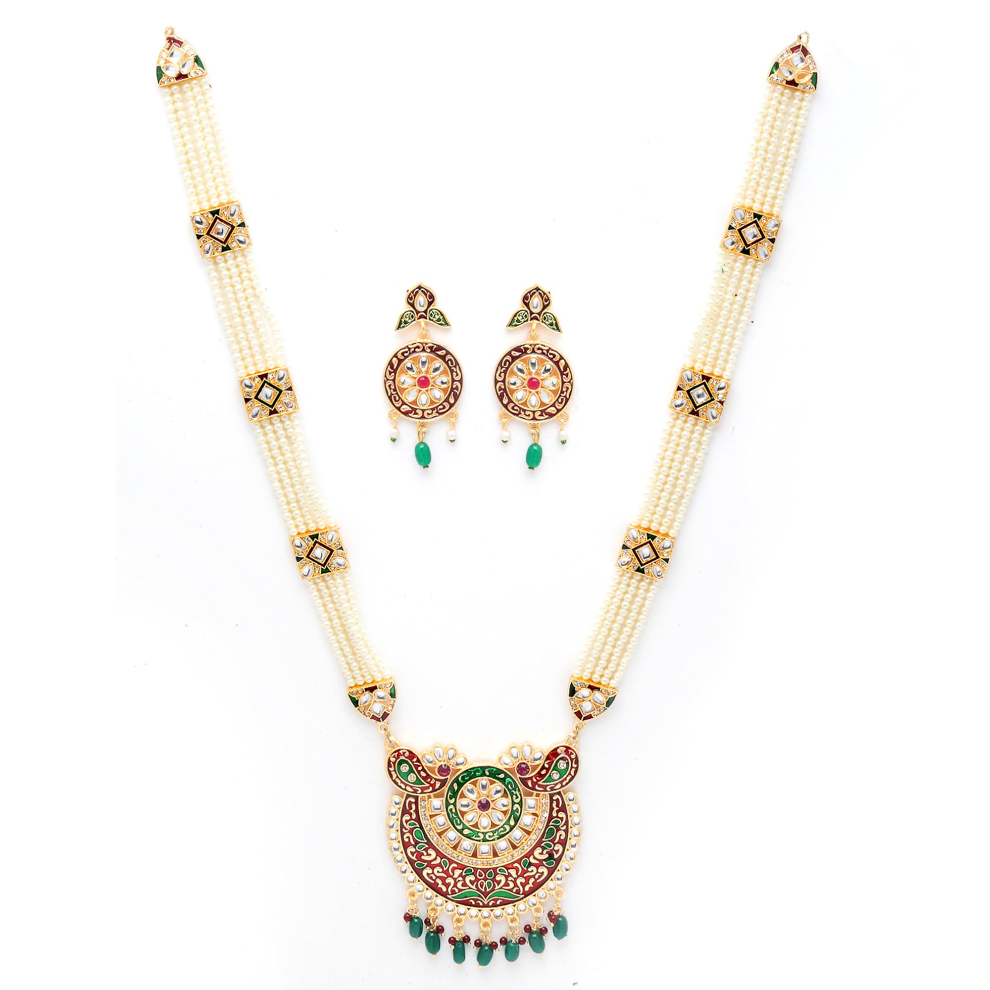 ZENEME Jewellery Set Gold Plated Long Necklace Hyderabadi Design Pearl Peacock Necklace Set With Earring Jewellery For Women & G