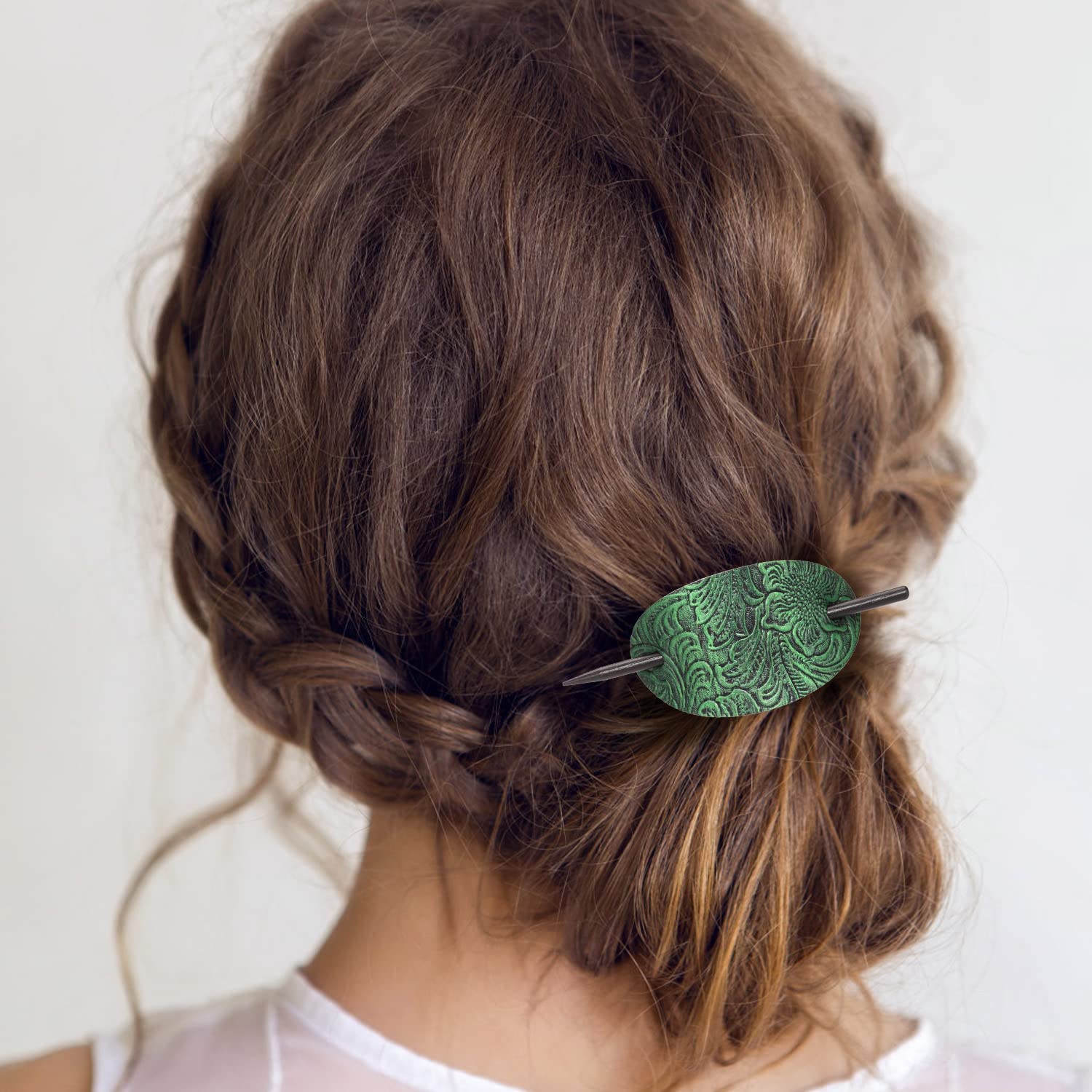 Noverlife Faux Leather Hair Barrettes - 6PCS Oval Clips with Wood Slide Stick for Women & Girls, Bohemian Style