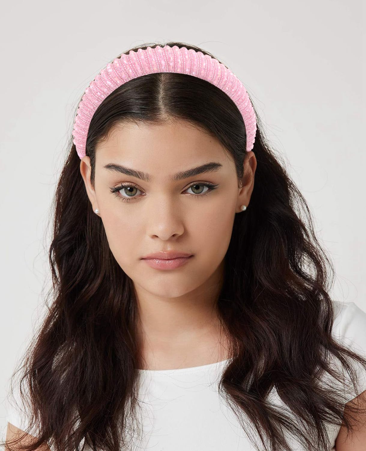 Wecoe White & Pink Rhinestone Headbands, 2pcs Fashion Cute Bling Sparkly Diamond Padded Thick Puffy Hair Bands for Women & Girls