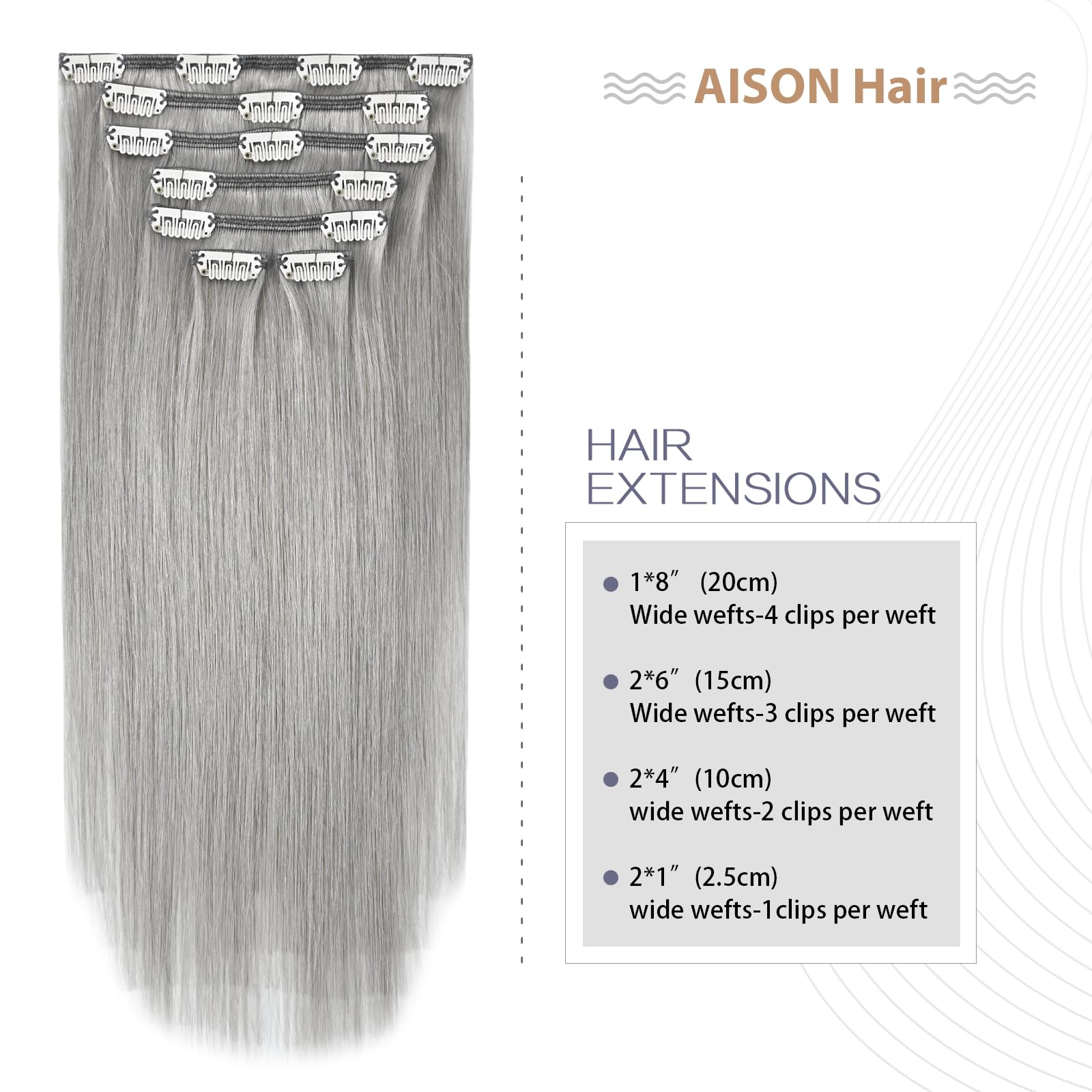Aison Silver Clip In Hair Extensions Real Human Hair 70G Grey Remy Human Hair Clip In Extensions 18 Inch Soft Silky Straight For
