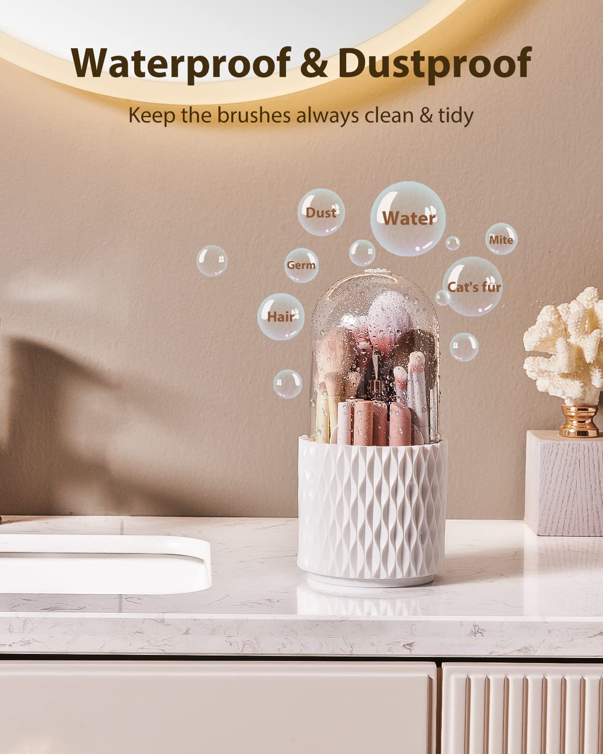 DooGooCoo Makeup Brush Holder [2024 Newest] [Dustproof & Waterproof] 360 Rotating Cosmetics Make up Brush Organizer Storage with