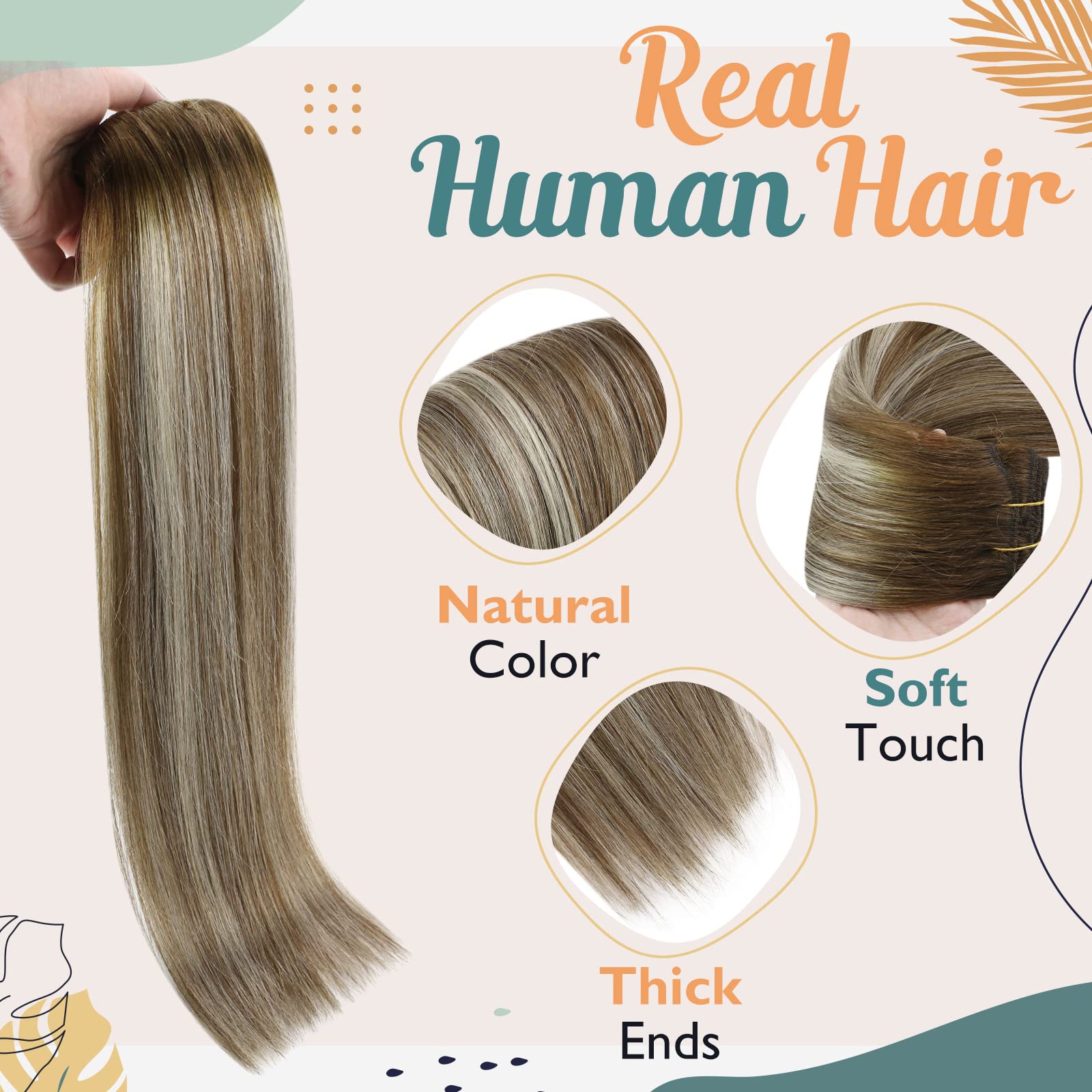 Sunny Clip on Hair Extensions Human Hair Balayage Clip in Hair Extensions Ombre Meidum Brown to Platinum Blonde Invisible Clip i