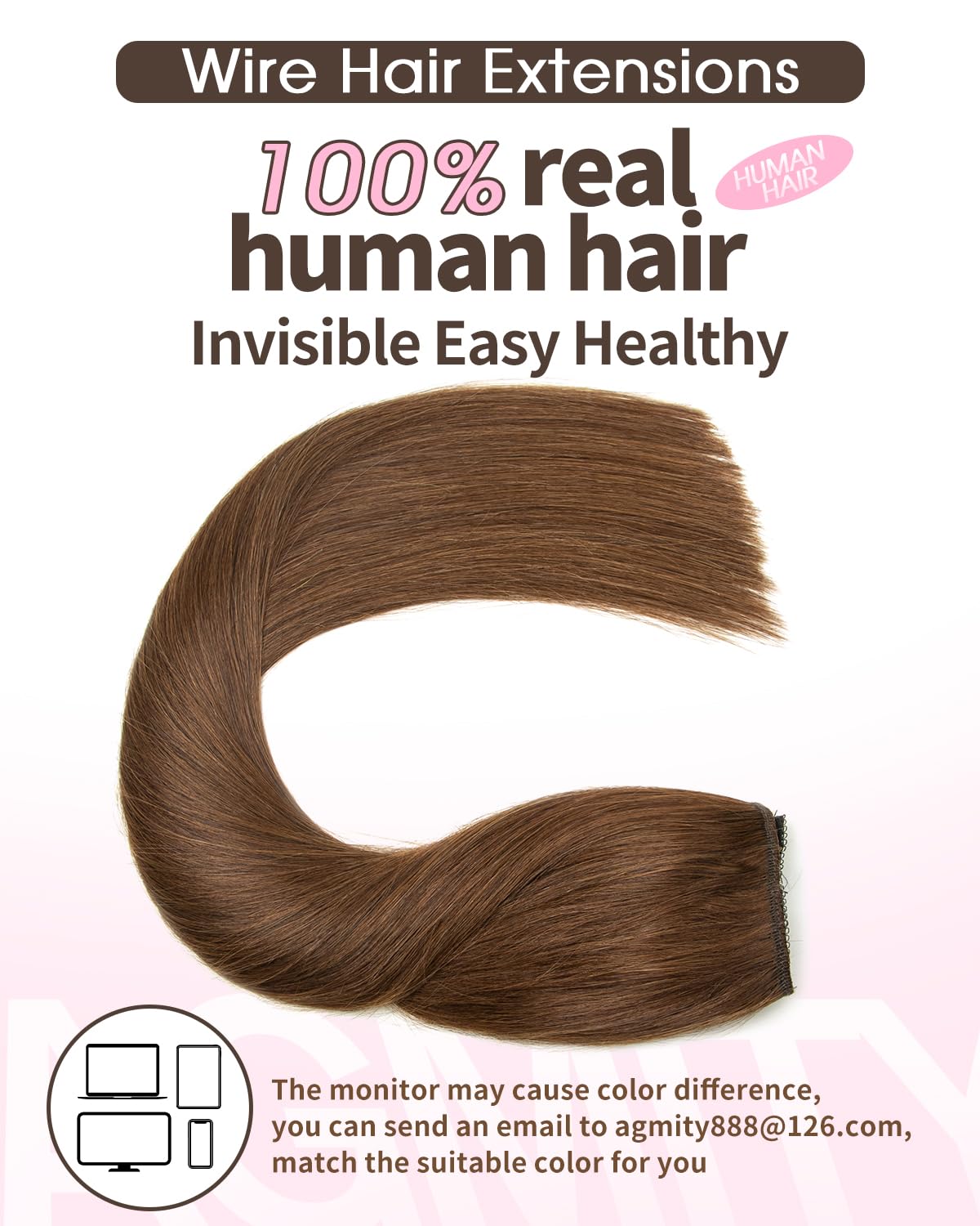 Agmity Human Hair Extensions Wire Hair Medium Brown 80G Invisible Removable Thick Straight Fishing Line Layered Natural Hairpiec