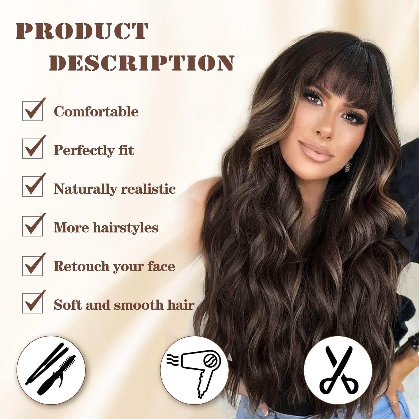 Lativ Brown Wig With Bangs Long Wavy Brown Hightlight Wigs Natural Curly Synthetic Wig For Women Daily Party Use 26 Inches