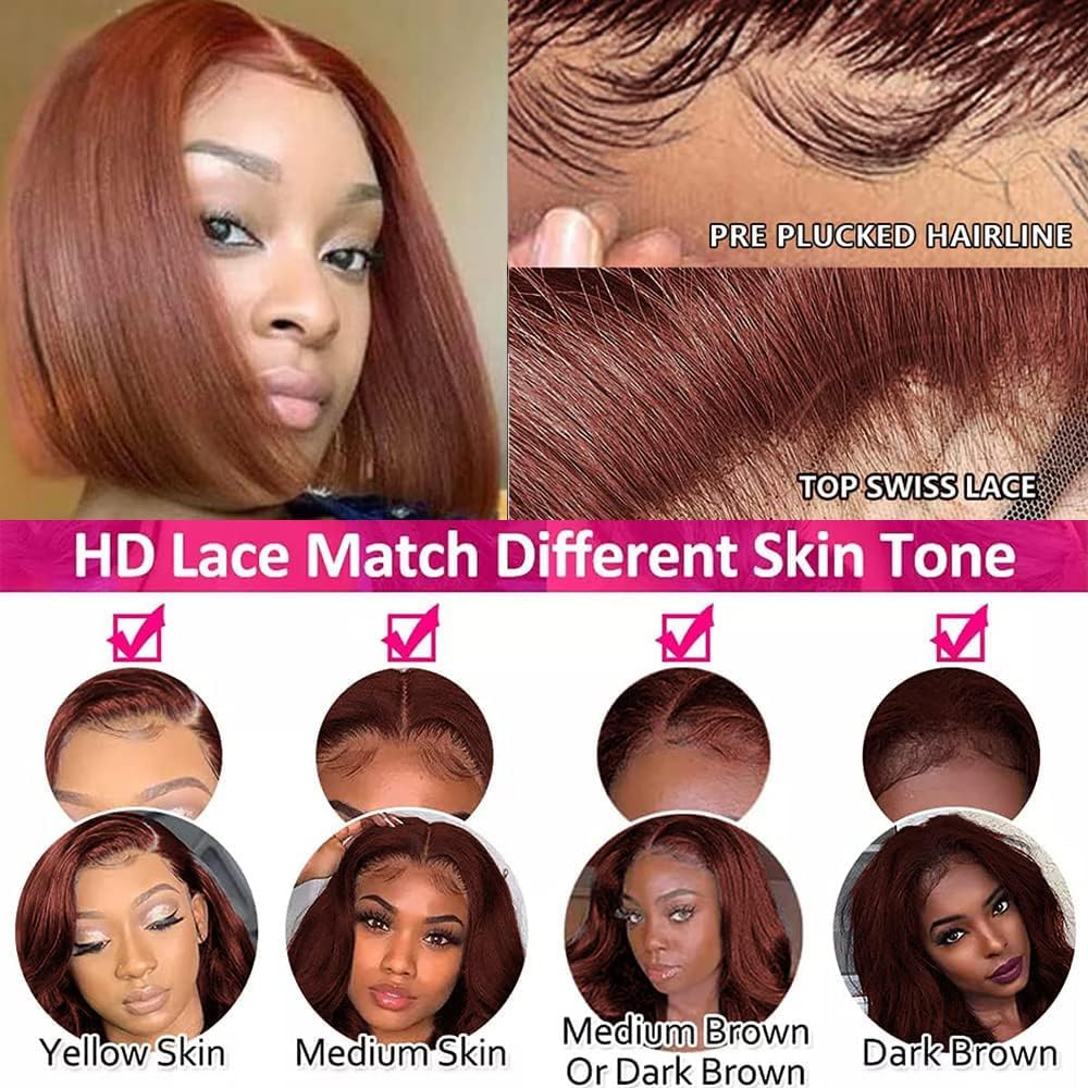 Supsyousf 16 Inch Reddish Brown Short Bob Wig Human Hair 13X4 Lace Front Wigs Human Hair Pre Plucked With Baby Hair Glueless Bra