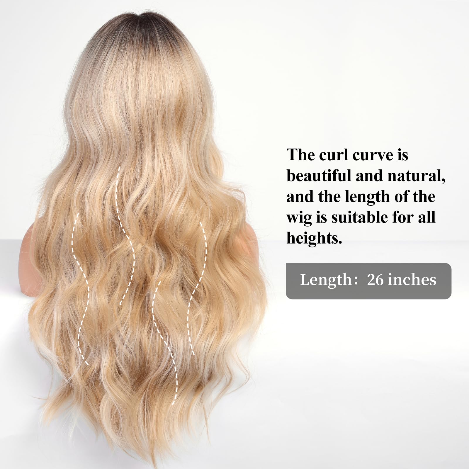 Haircube Blonde Long Curly Wig With Bangs Dark Root Highlight Natural Appearance Heat-Resistant Synthetic Wig Suitable For Fashi