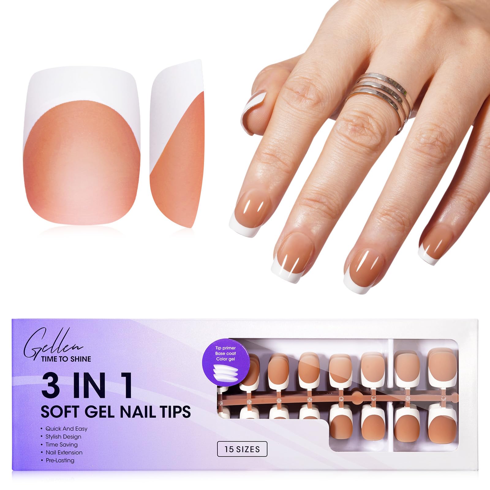 Gellen French Soft Gel Nail Tips - 150 pcs White French Tip Short Press on Nails Brown Square Shape, 3 in 1 Pre-french Gel Nail 