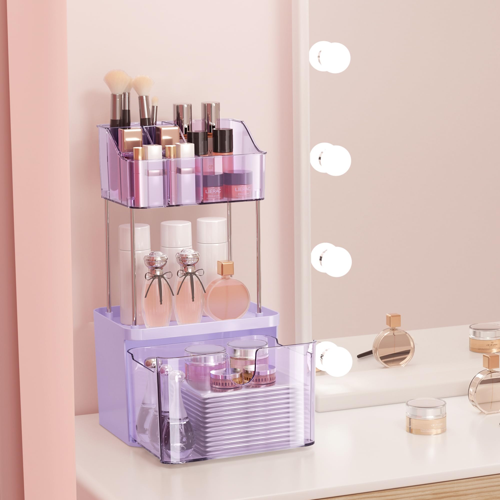 Doadw Makeup Organizer With Drawer - 3 Tier Bathroom Organizer Countertop - Multi-Purpose Skin Care Organizer For Vanity, Small