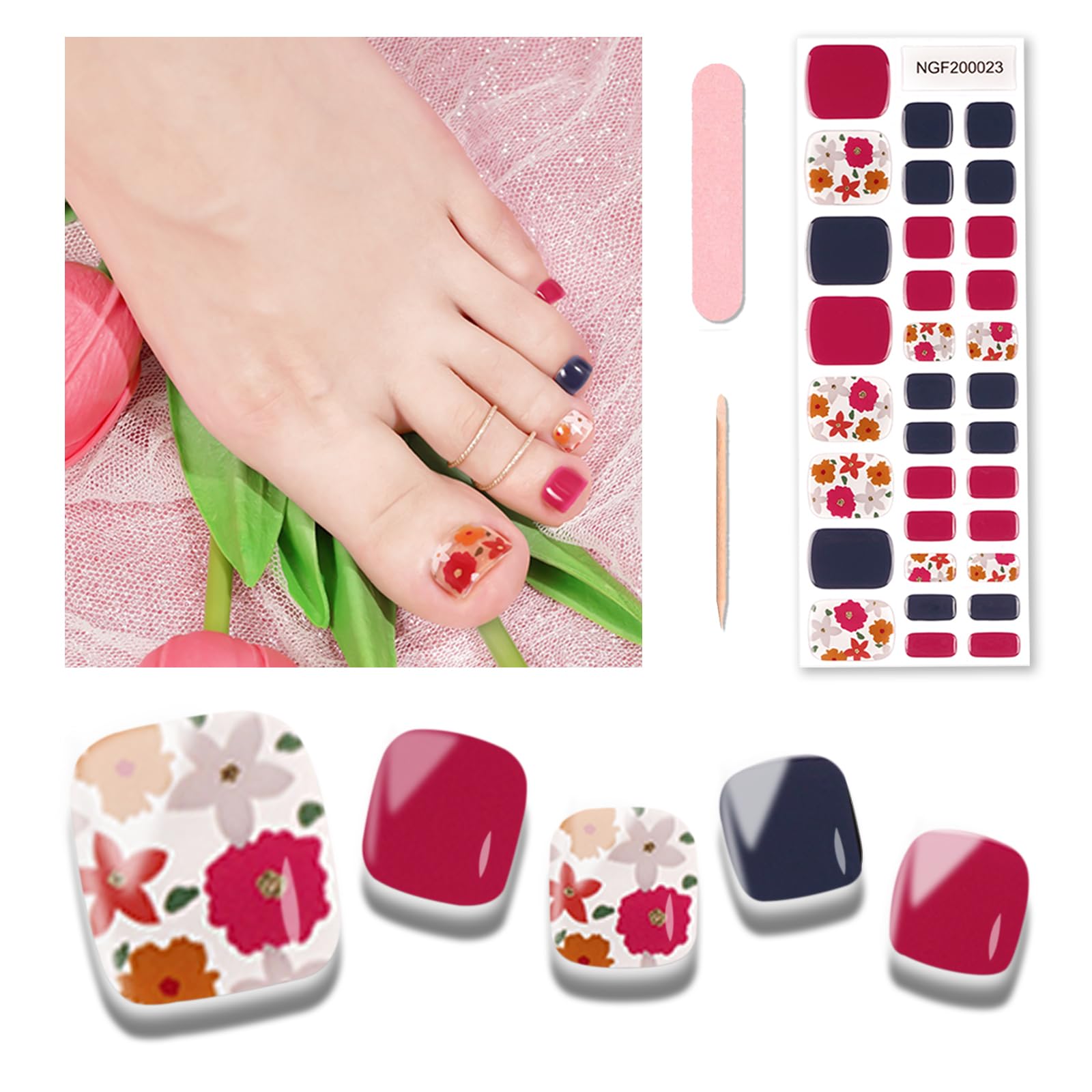 Wekcekcek Semi Cured Gel Toenail Strips, 32 Rose & Sapphire Flower Gel Toenail Stickers - Works with Any Nail Lamps Gel Pedicure