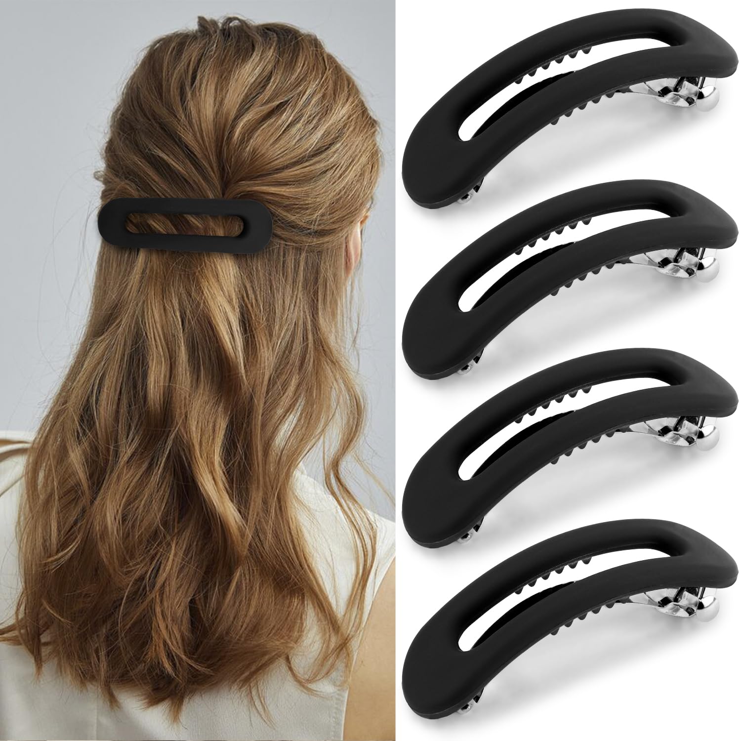 Atoden Black Hair Barrettes for Women Flat Clips for Thick Thin Fine Hair 4Pcs French Barrette Large Hair Slides Non Slip Clamps