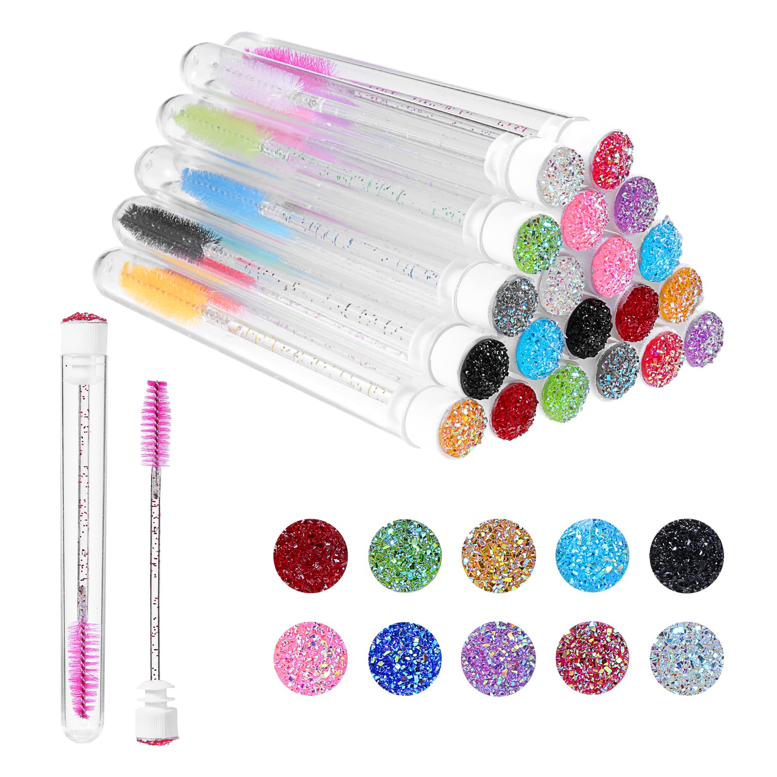 ZEYIYER 20 Pcs Disposable Mascara Wand Set with Tubes, Diamond Eyelash Brushes, Lash Wand Tubes, Makeup Eye Lash Spoolies with E