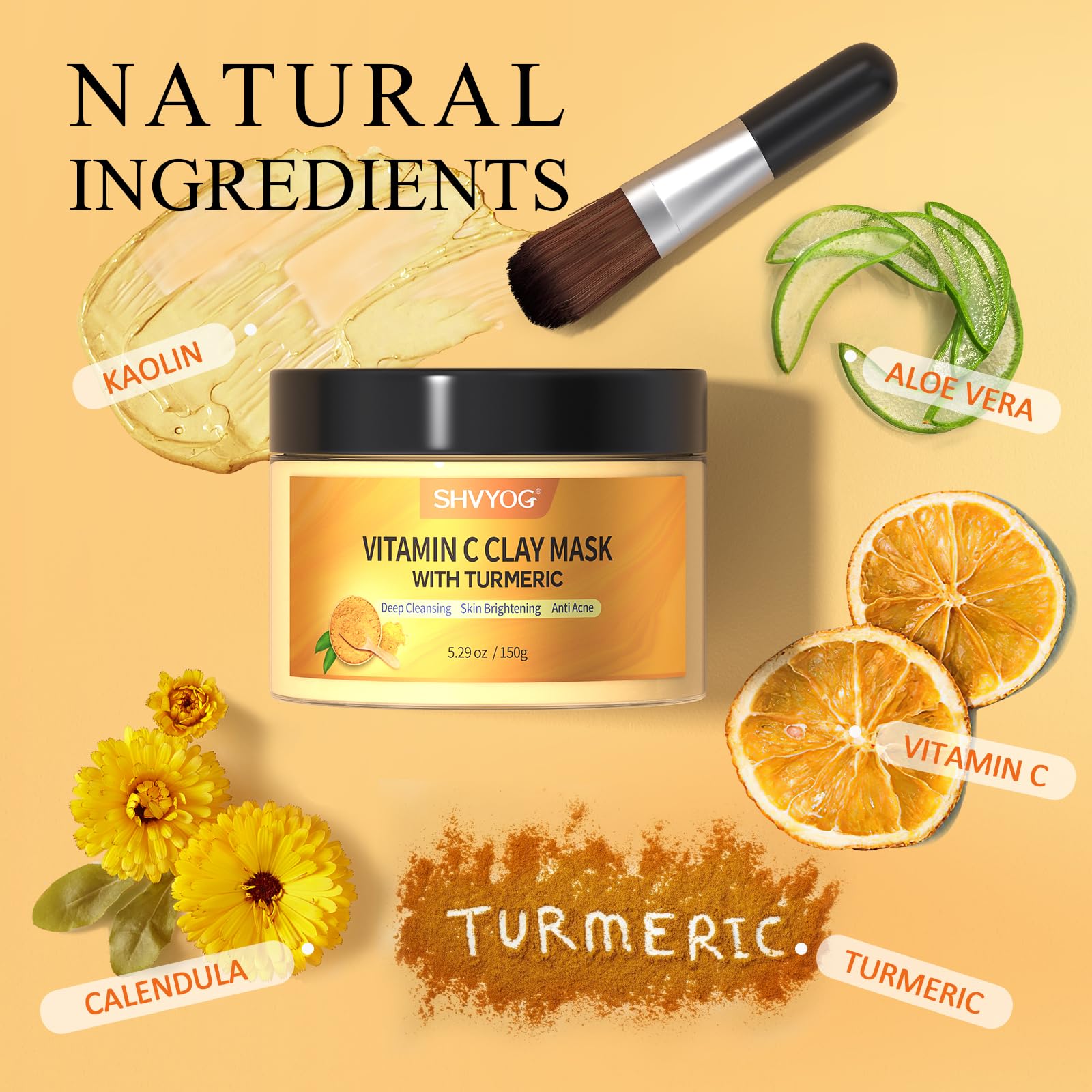 Vitamin C Face Mask with Kaolin Clay and Turmeric for Dark Spots, Dull Skin, Skincare Facial Mask for Controlling Oil and Refini