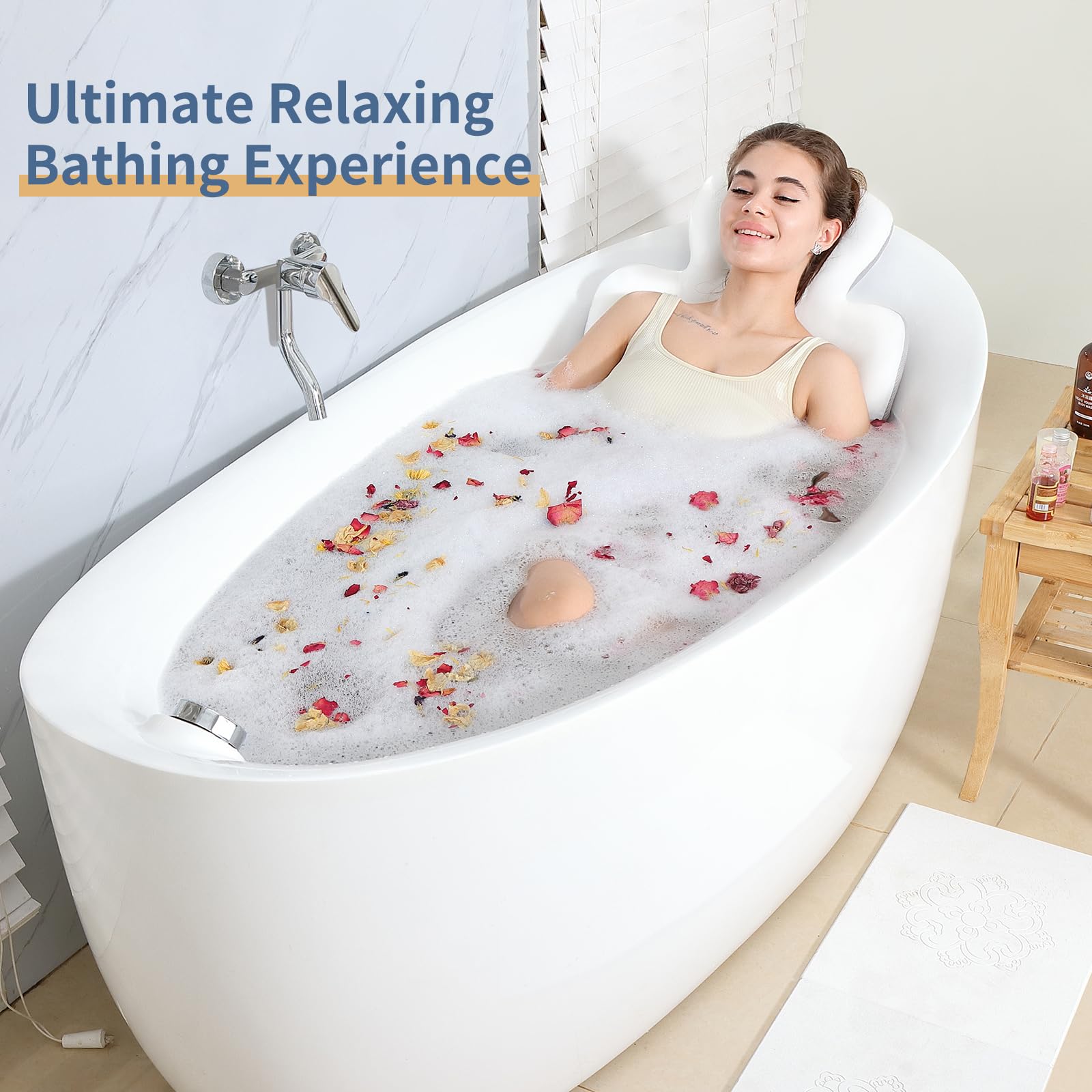 Luxury Bath Cushion, Full Body Bathtub Pillow With 160 Suction Cups, Bath Mat For Head And Neck Support, With Laundry Bag (White