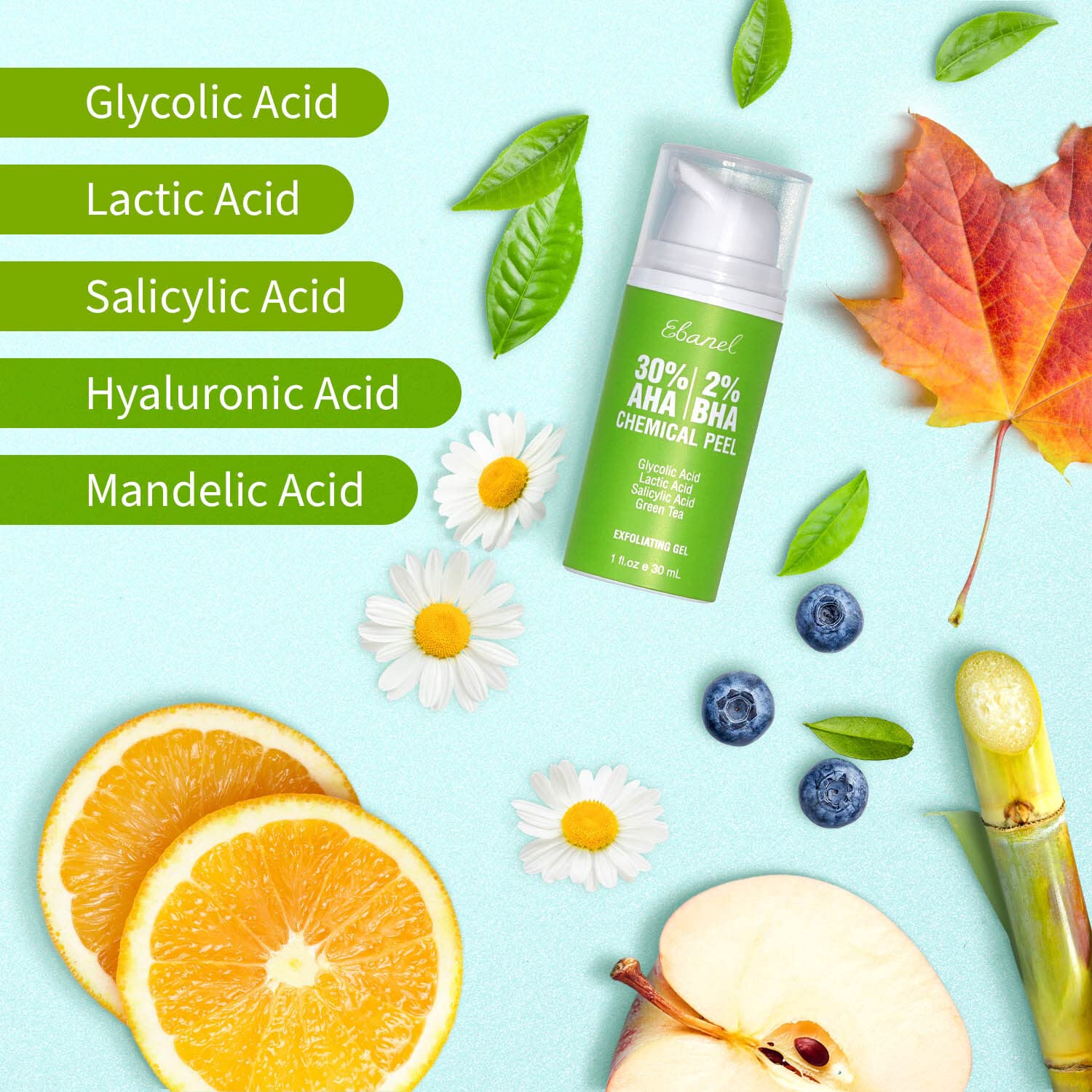 Ebanel 30% Aha 2% Bha Chemical Peel Exfoliant Gel, Face Peel With Glycolic Acid, Salicylic Acid, Lactic Acid, Green Tea, Chamomi