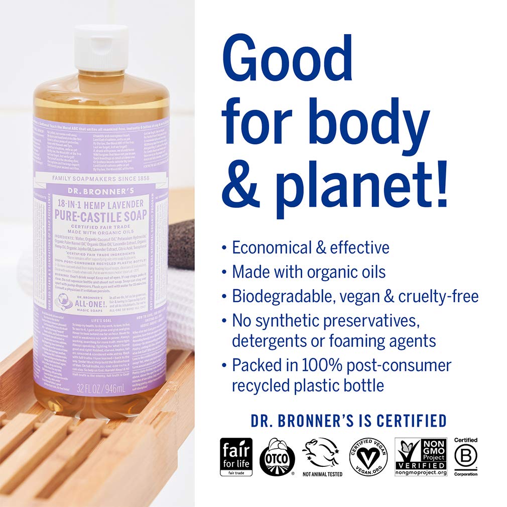 Dr Bronneras - Pure-Castile Liquid Soap (Lavender, 16 Ounce) - Made With Organic Oils, 18-In-1 Uses: Face, Body, Hair, Laundry,