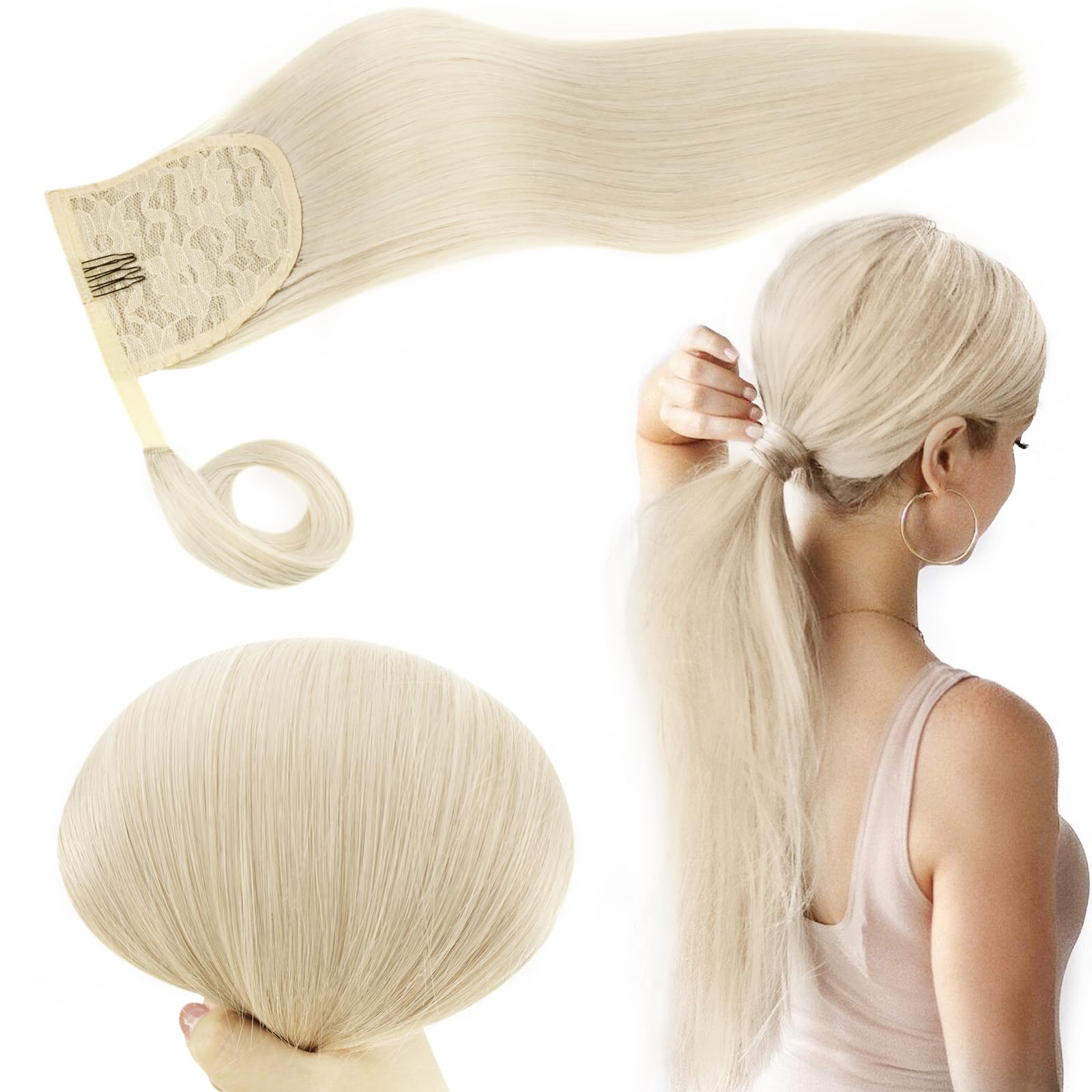 RUNATURE Blonde Ponytail Extension Human Hair, Wrap Around Real Hair Ponytail Extension, Clip in Real Human Hair Ponytail for Lo