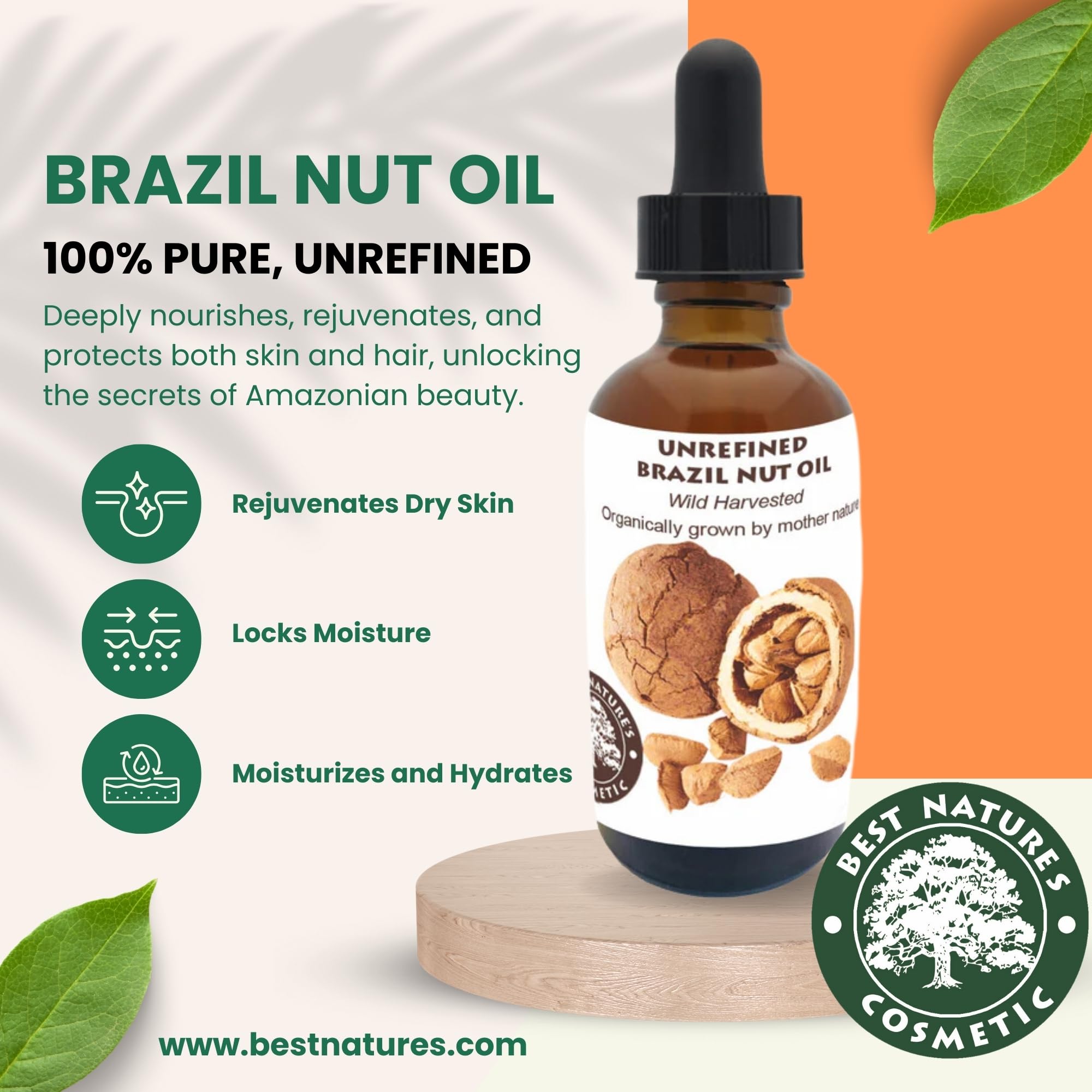 Best Nature's Cosmetics Virgin Organic Brazil Nut Oil, Hydrating Moisturizer for Skin & Hair, Cold-Pressed, Anti-Aging, Restores