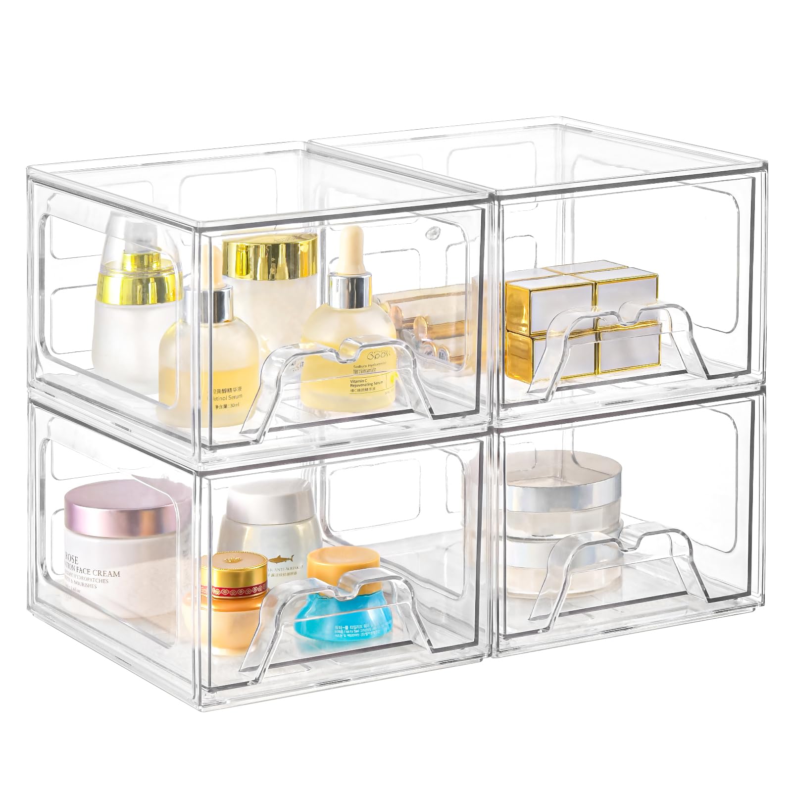 Stebopum 4 Pack Stackable Makeup Organizer, 4.4'' Tall Acrylic Bathroom Makeup Organizer And Storage Drawer With Pull-Out Handle