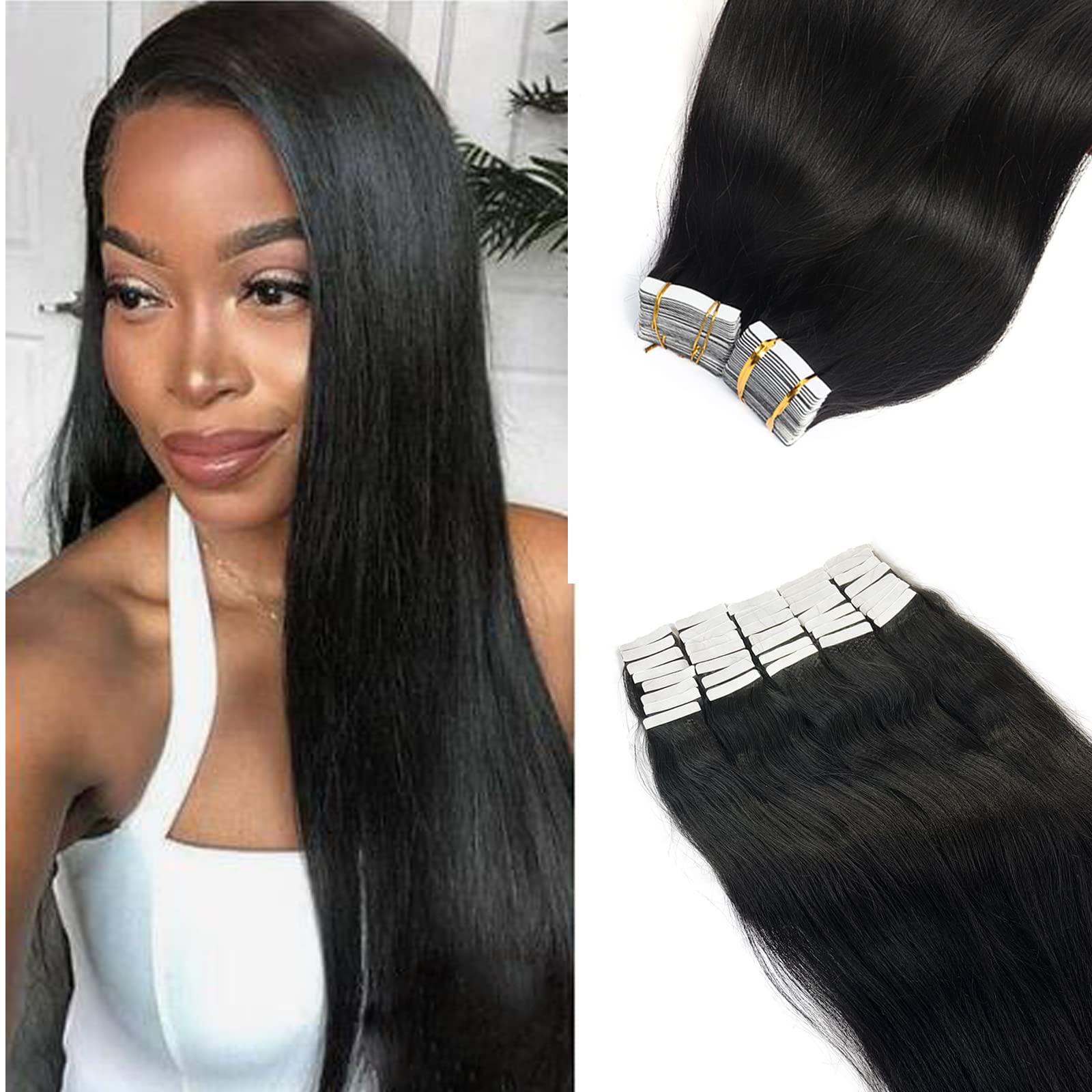 Yaki Tape In Hair Extensions Human Hair Black Yaki Straight Extensions Tape Ins 40 Pieces 100G Seamless Double Sided 100% Remy H