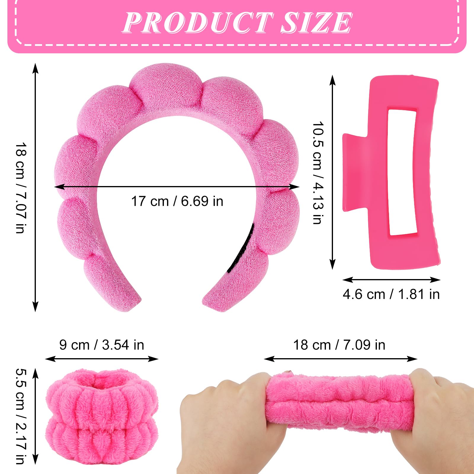 Wecoe Spa Headband And Wristband Set Skincare Headband For Washing Face Hair Claw Clips For Thick Hair Hot Pink Puffy Sponge Mak