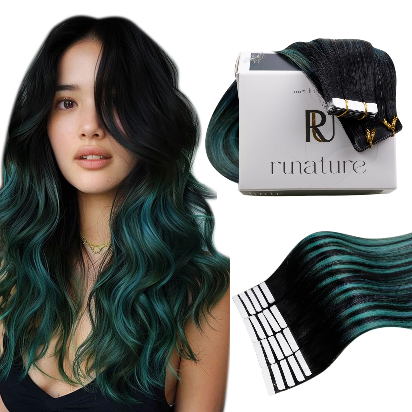 Runature Tape In Human Hair Extensions Ombre Black To Teal 22 Inch Balayage Tape In Hair Extensions Real Human Hair Straight Blu