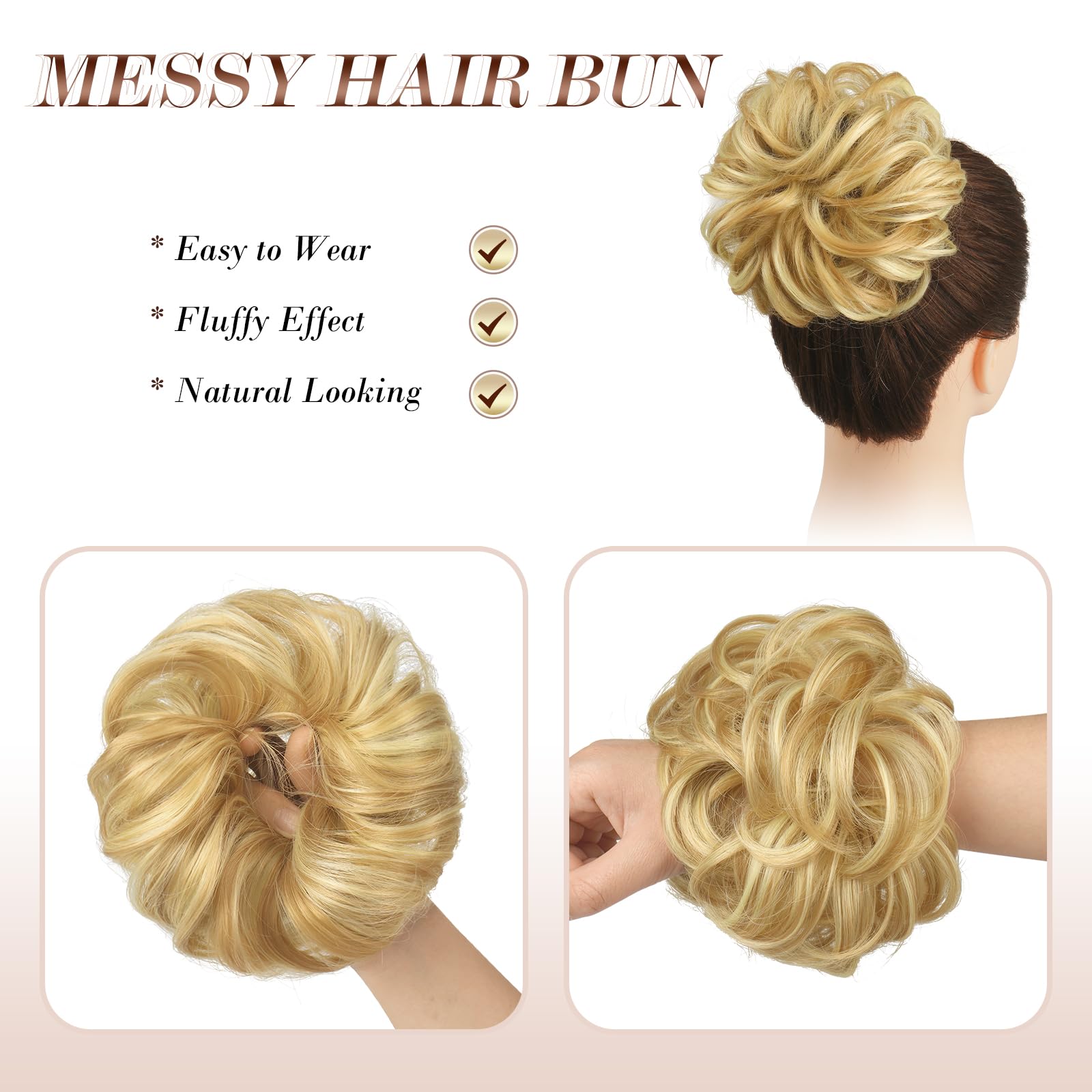 FESHFEN Messy Bun Hair Piece Curly Wavy Large Hair Bun Scrunchies Extensions Synthetic Strawberry Blonde & Bleach Blonde Tousled