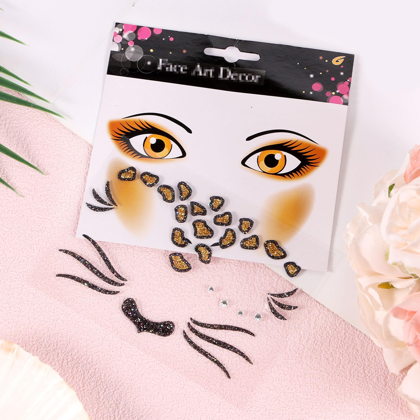 Leopard Print Temporary Tattoos, Self-Adhesive Leopard Face Jewels Cheetah Face Stickers for Halloween Costume Party Accessories