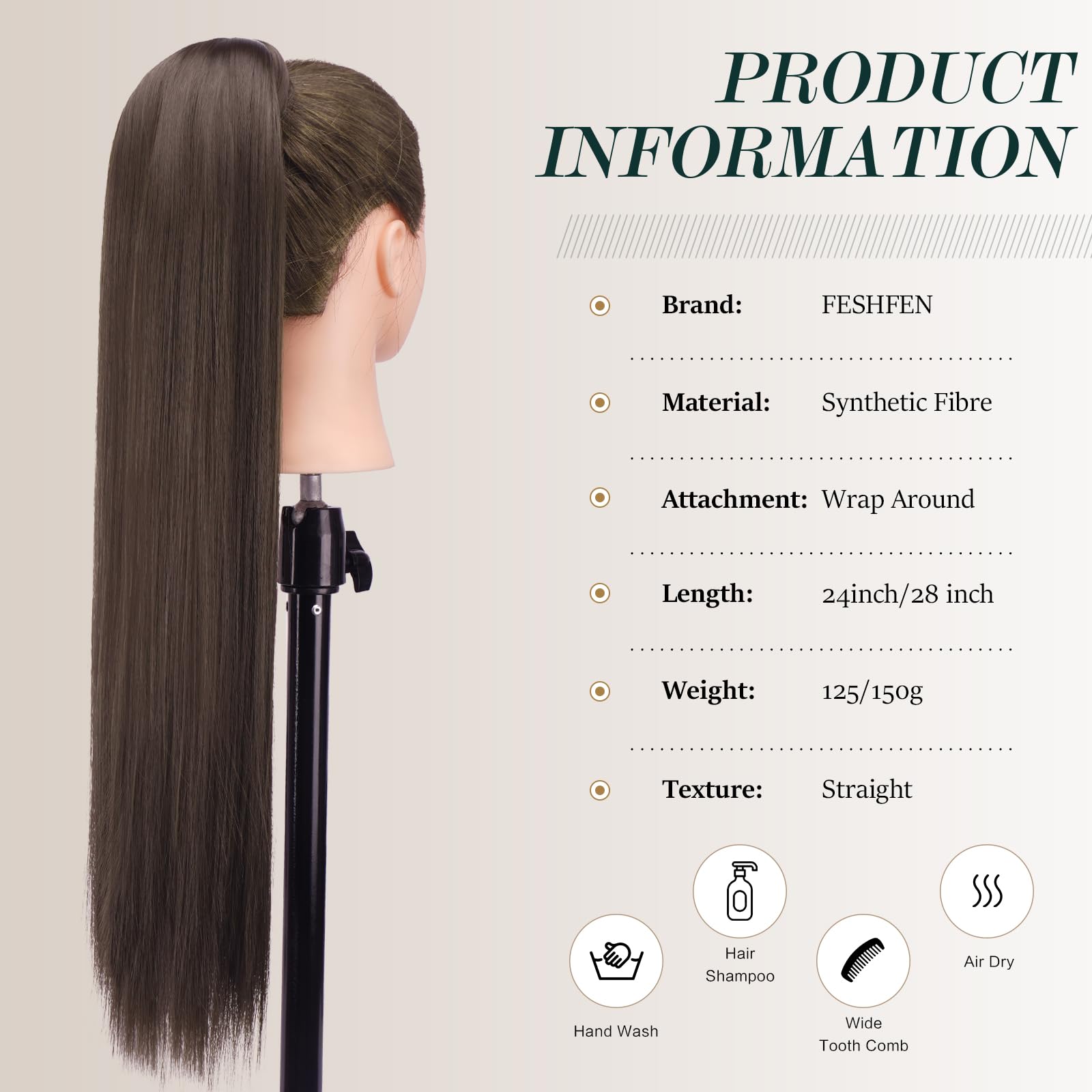 Feshfen Straight Long Ponytail Extensions 24 Inch Brown Wrap Around Synthetic Ponytails Hair Piece Pony Tail Hair Extensions Hai