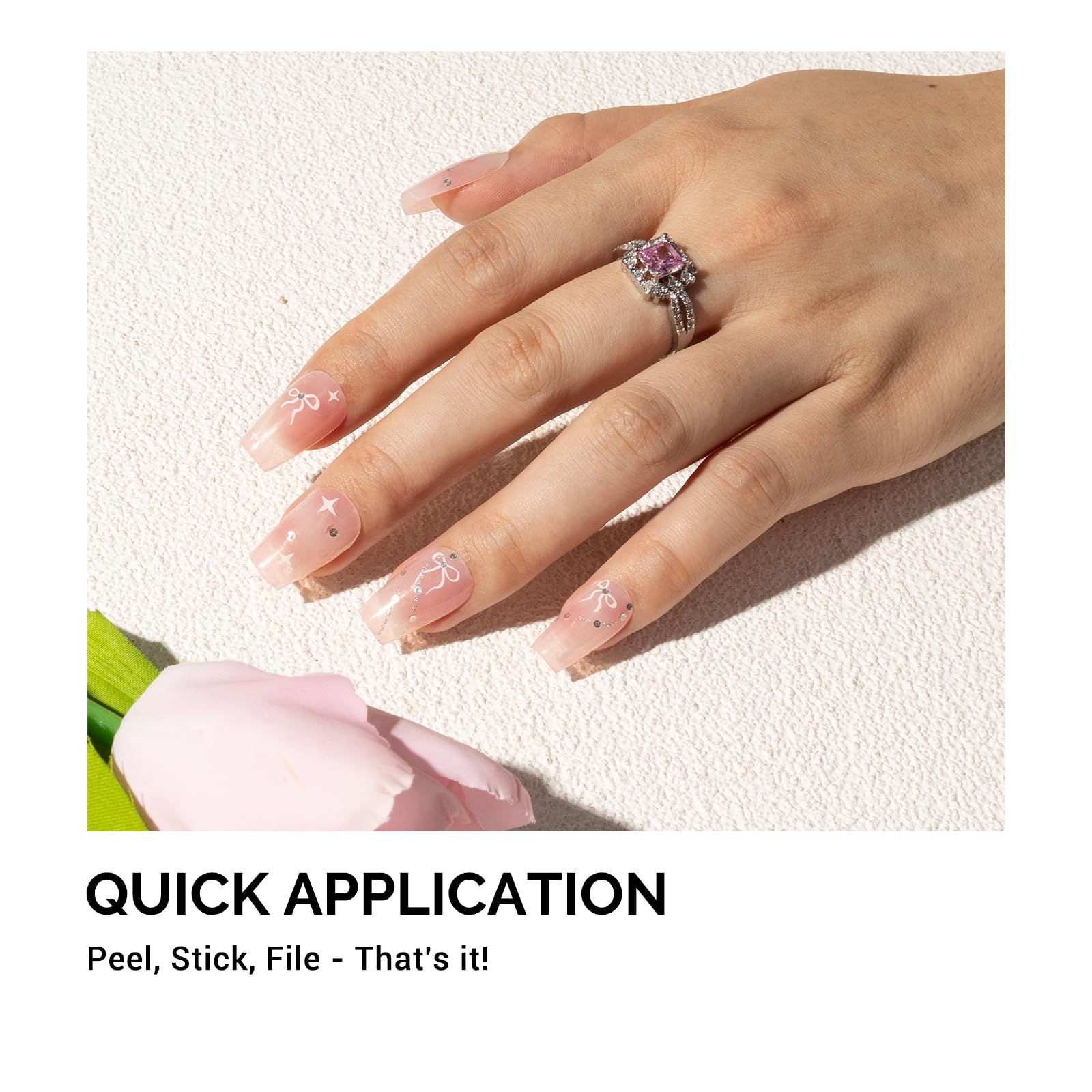 Melodysusie Qcoat Fully Cured Gel Nail Strips (Pink Blooming Bow) - Uv Free Nail Polish Strips, Salon-Quality, Long Lasting Gel