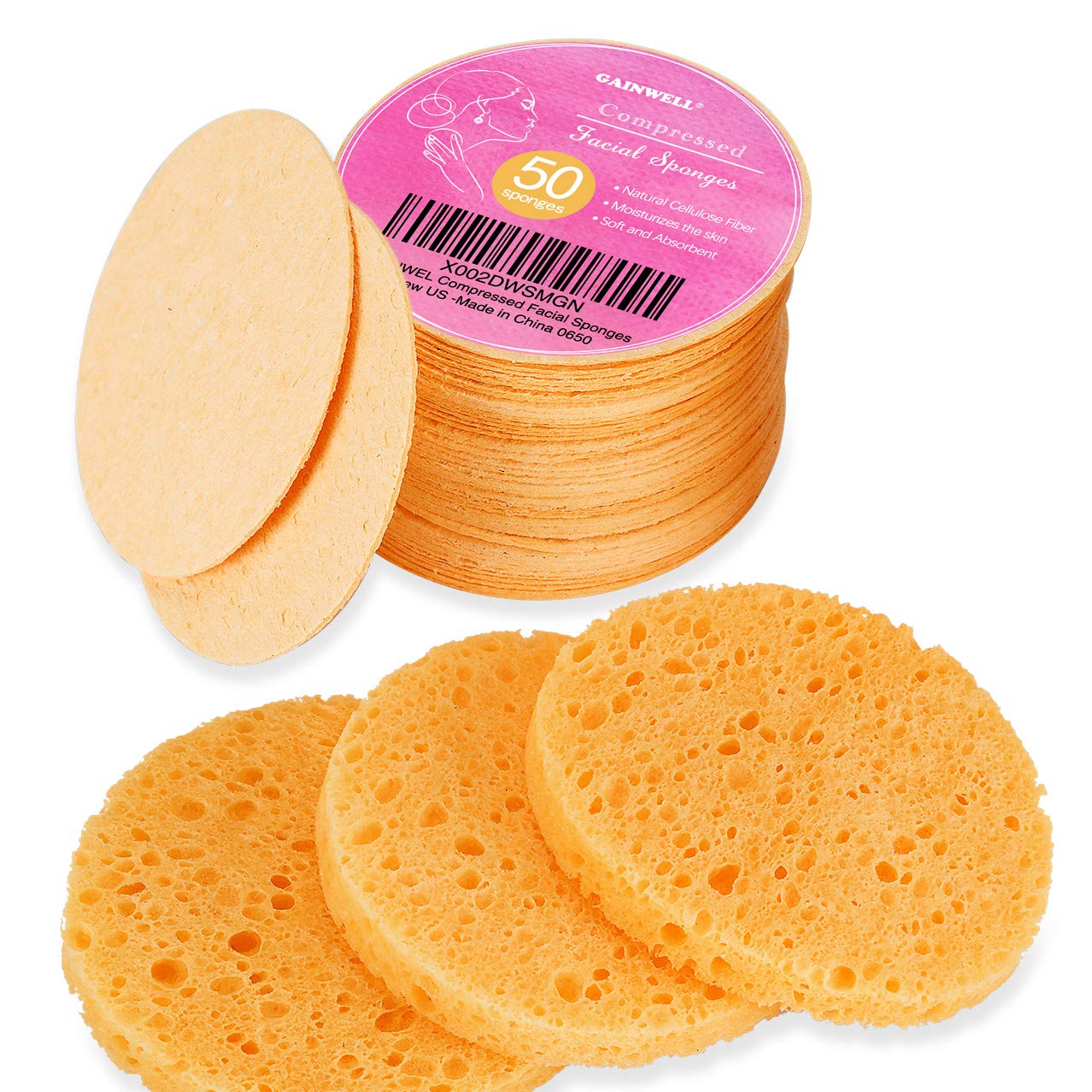 50-Count Compressed Facial Sponges, Gainwell Cellulose Facial Sponges, 100% Natural Cosmetic Spa Sponges For Facial Cleansing, E