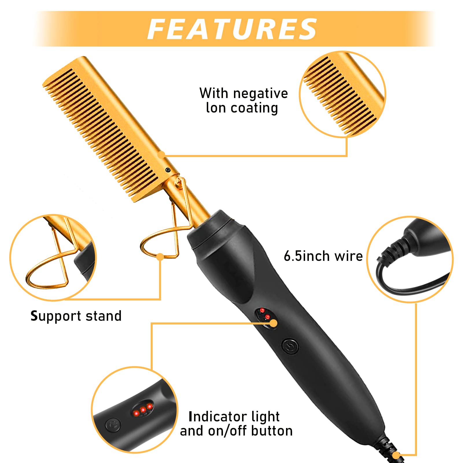 Goiple Electric Hot Comb Hair Straightener, Deluxe Electrical Straightening Comb Curling Iron for Natural Black Hair Wigs Pressi