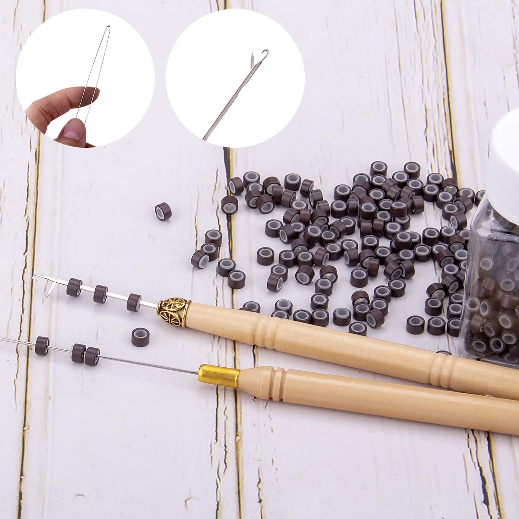 Duufin Hair Extensions Kit 500 Pcs Brown Micro Ring Beads 1 Micro Beads Plier 2 Hook Needle Pulling Loop 4 Plastic Alligator Hai