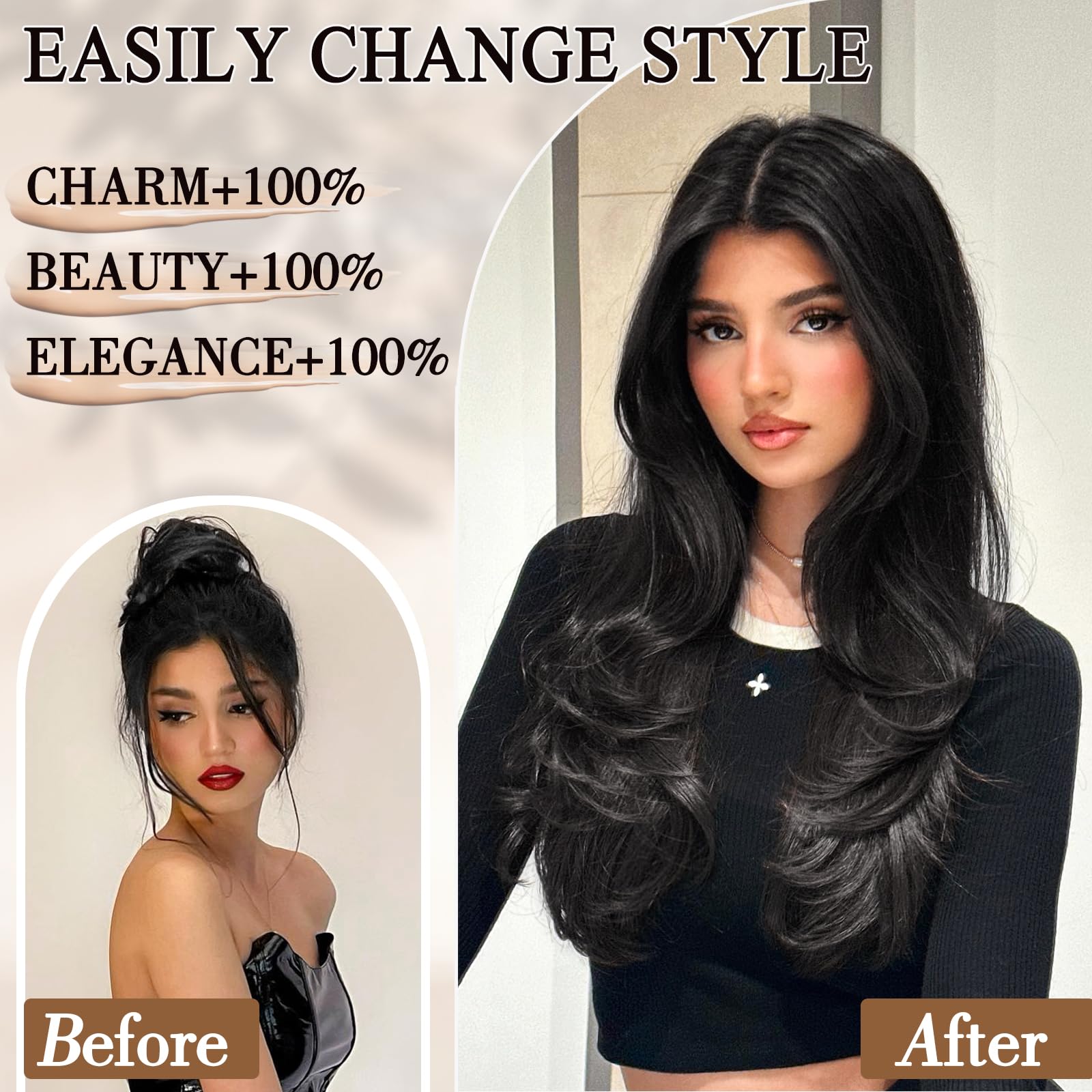 Freemeige Clip In Hair Extensions,Black Hair Extensions For Women Straight Layered Hair Extensions Synthetic Heat Resistant Long