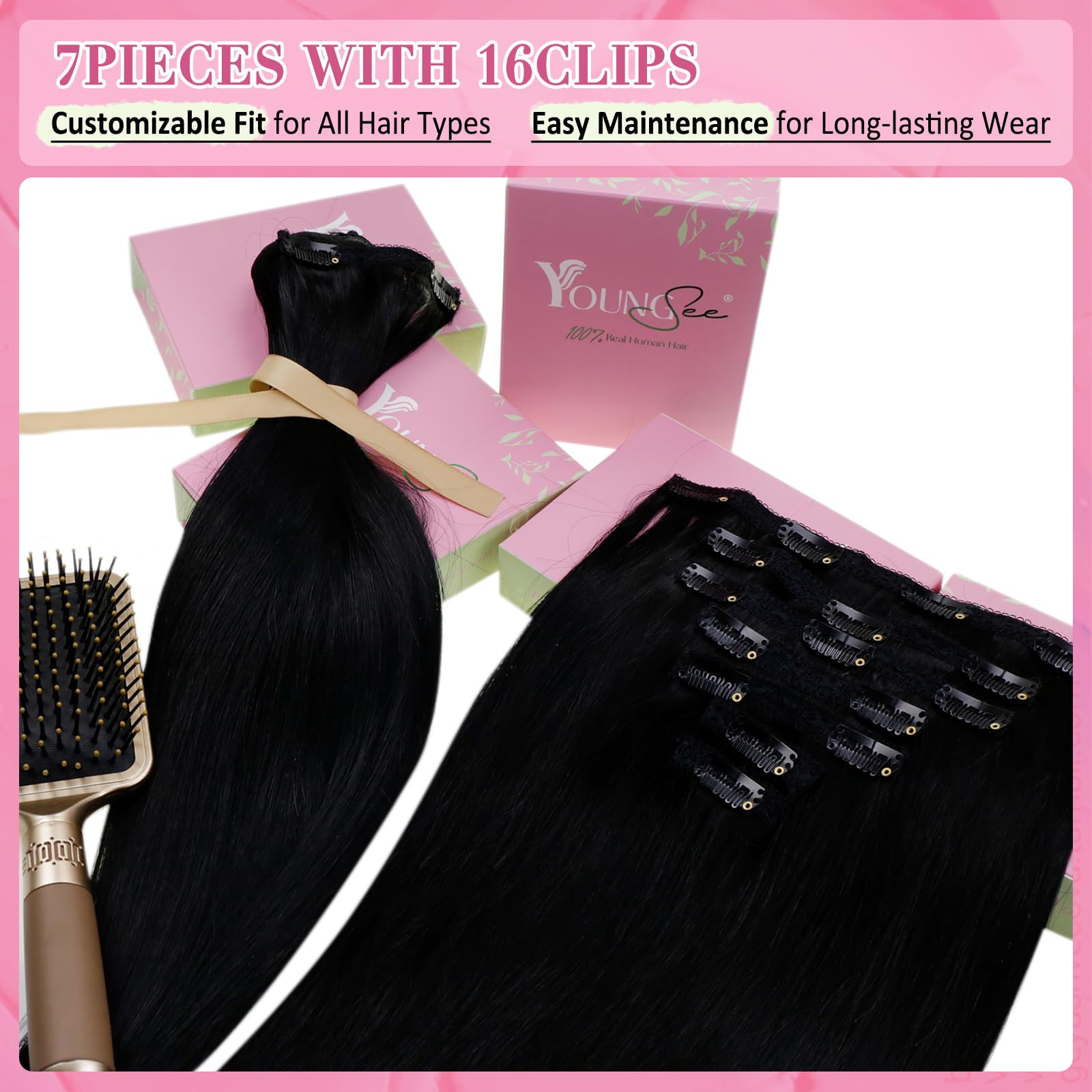 YoungSee 135G Clips in Hair Extensions Black Clip in Human Hair Extension Jet Black for Women No Sense of Disobedience 16Inch 7P