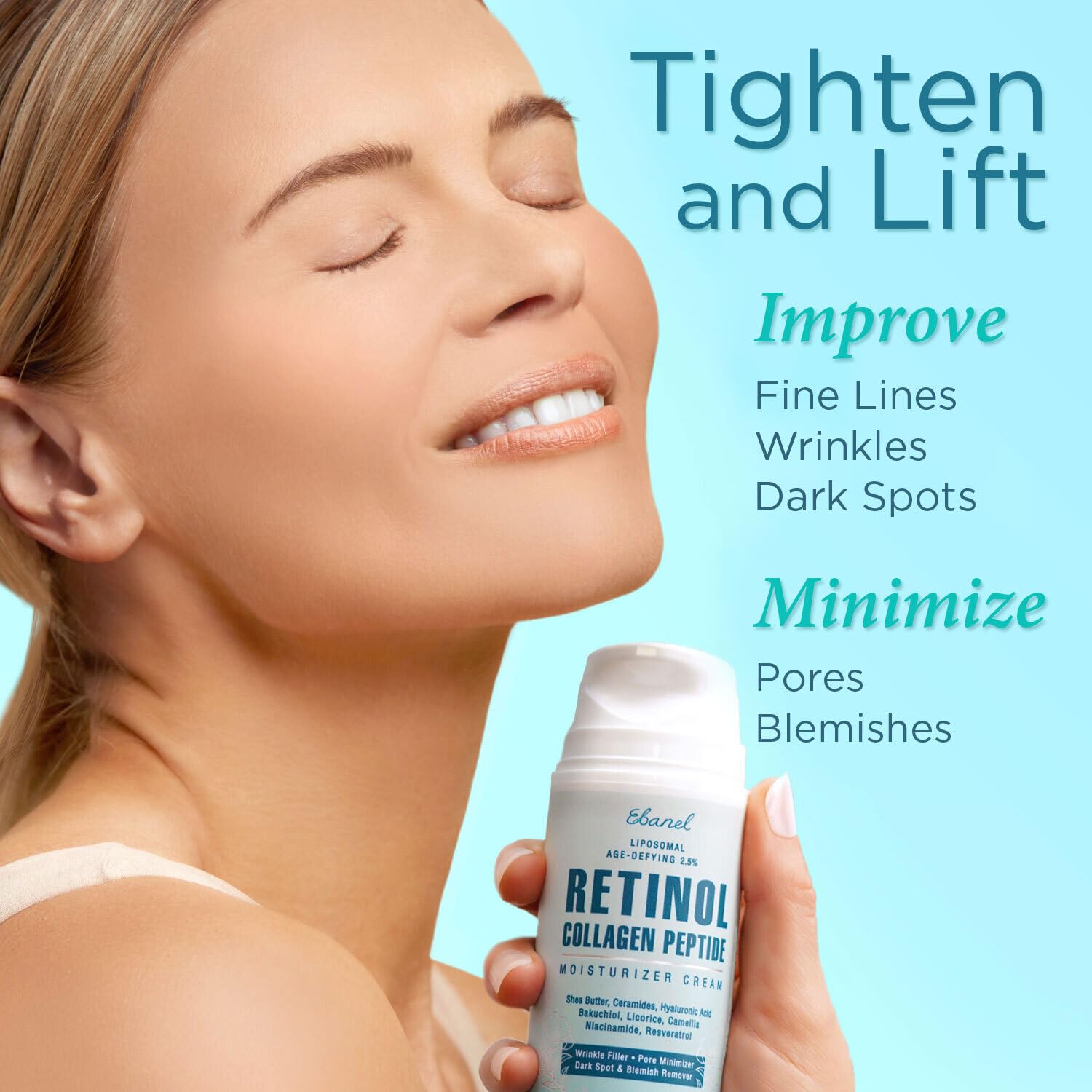 Ebanel Retinol Cream for Face with Collagen, Peptides, Niacinamide, Ceramides, Vitamin B5, Hyaluronic Acid, Bakuchiol, Anti Agin