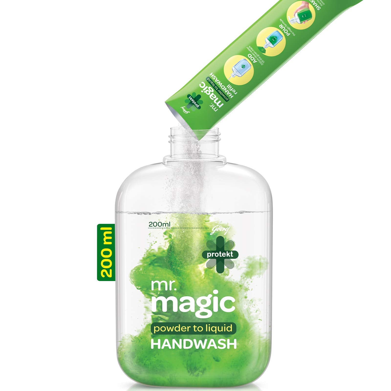 Godrej Protekt Mr. Magic Powder-To-Liquid Germ Protection Handwash Refill + Empty Bottle, (Makes 200Ml)