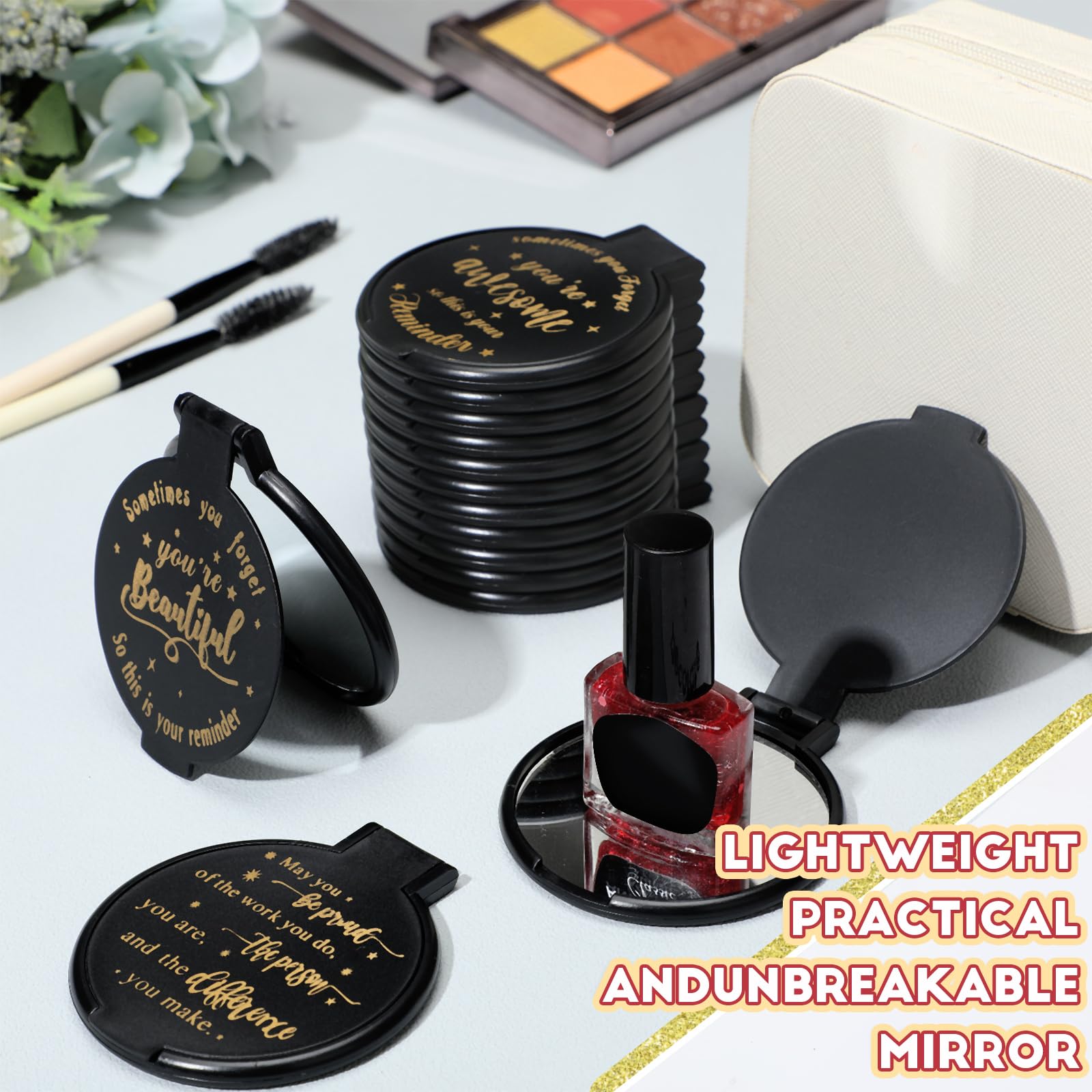 Wenqik 64 Pcs Compact Mirror Bulk White Gifts For Women Valentine Small Inspirational Pocket Purse Handheld Mirror Portable Roun