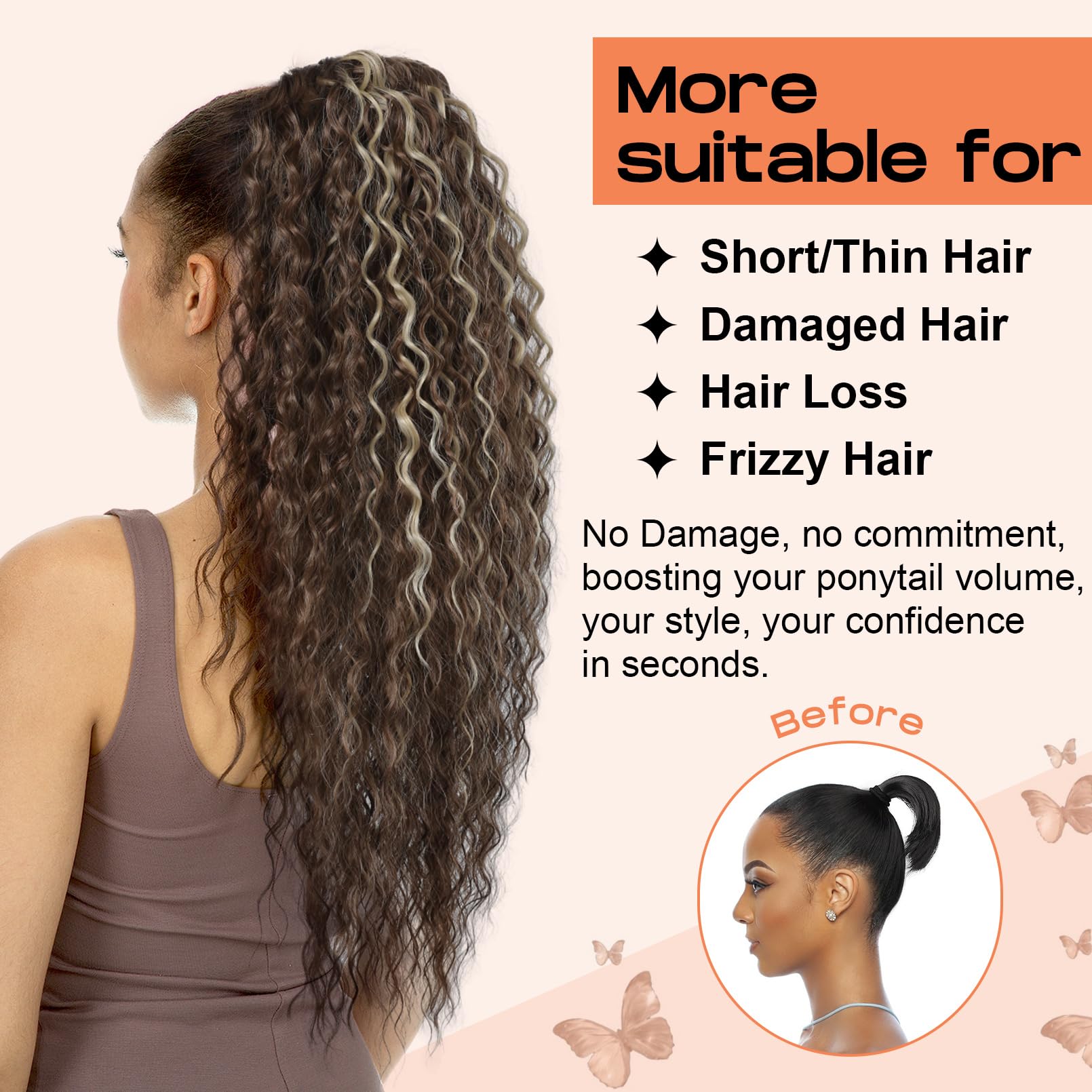 Seikea Ponytail Extension, Pt005 Isabella 26'' Long Bohemian Curly Highlight Drawstring Ponytail Multi Layered Light Fluffy Soft