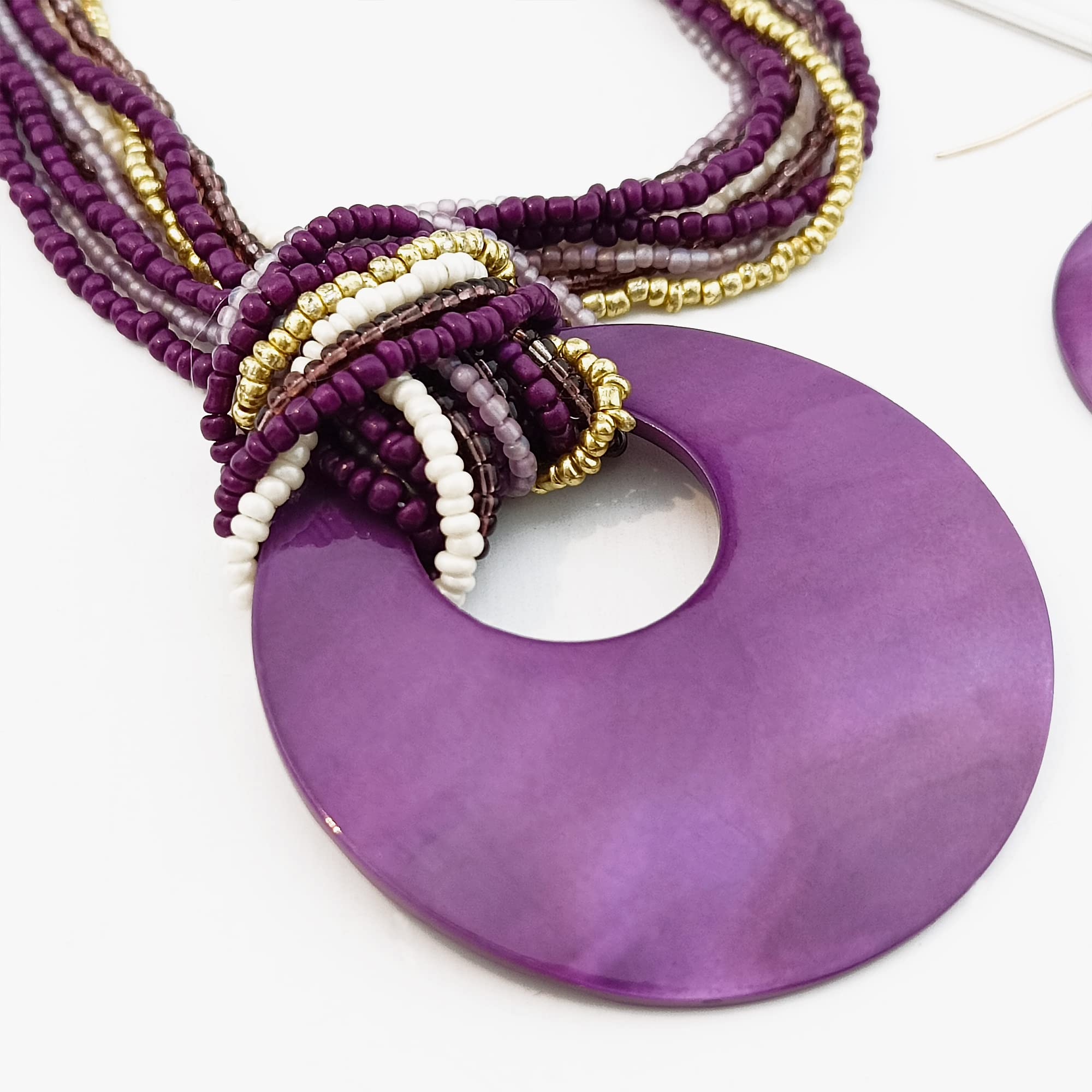 Coiris Multi Strand Statement Colorful Beaded Necklace with Big Circle Shell Pendant for Women (N0055-Purple)