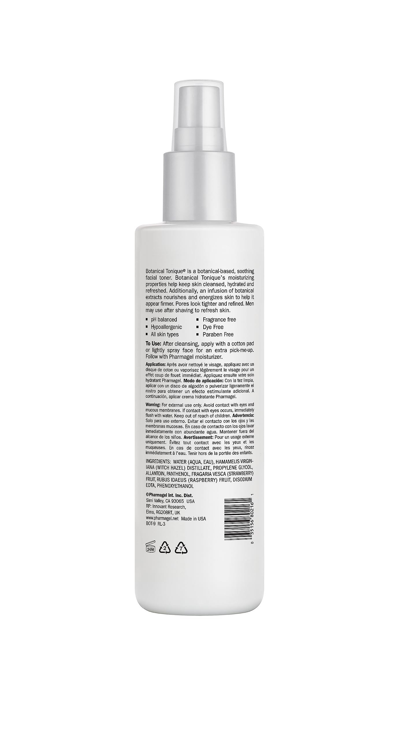 Pharmagel Botanical Tonique Facial Toner for All Skin Types | Tone Skin & Pore Minimizer | Refreshing and pH Balancing | Face Mo