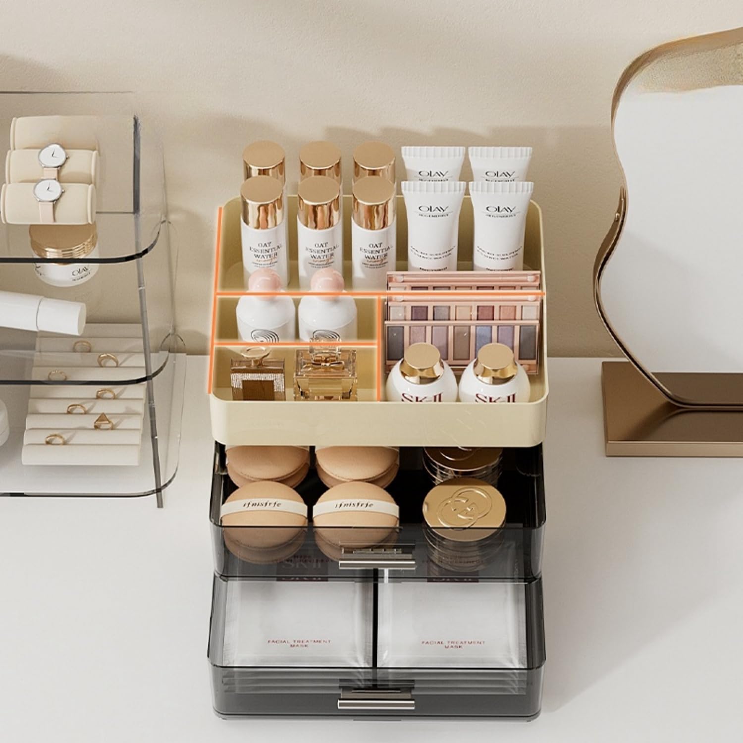Makeup Organizer for Vanity,Vanity Organizer with 2 Drawers,Makeup&skincare Organizers Countertop,Cosmetic Display Case,Vanity S