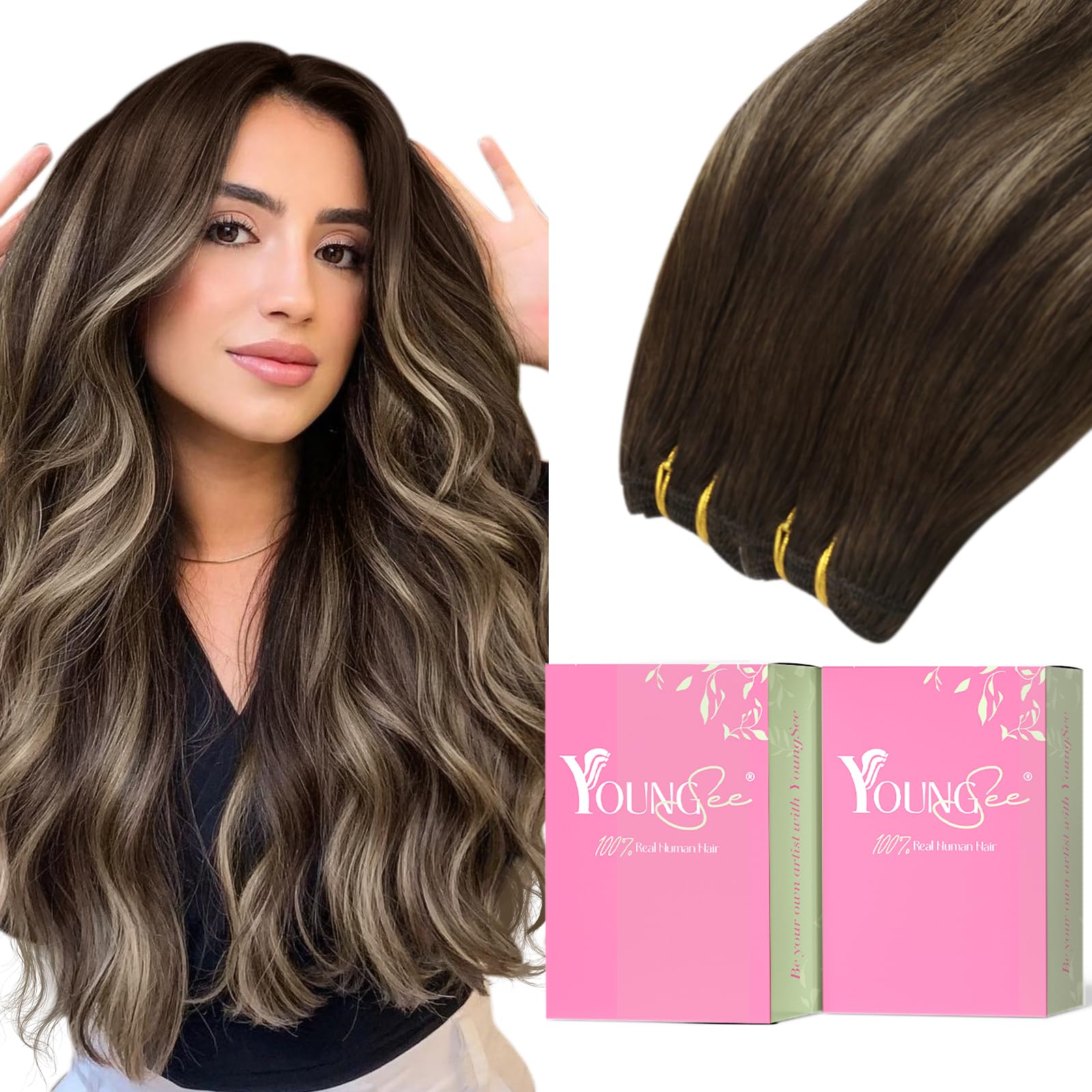 YoungSee Weft Hair Extensions 24 inch Balayage Hair Extensions Wefts Dark Brown Fading to Caramel Blonde Mix Brown Balayage Hair