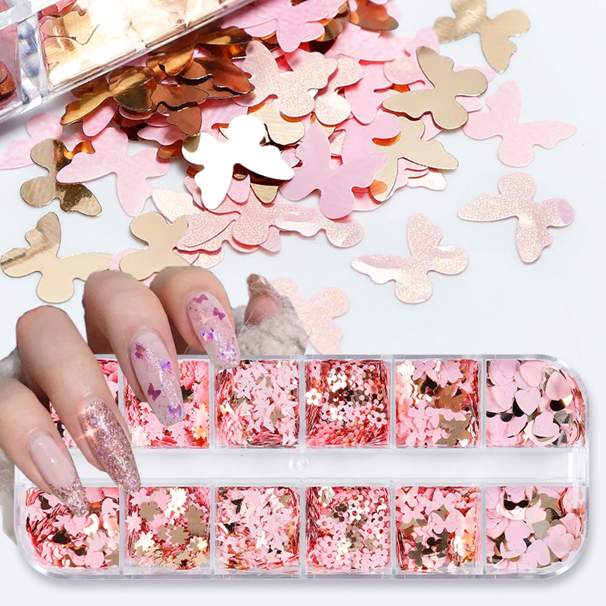 12Grids Valentine'S Day Nail Glitter Sequins Holographic Gold Pink Heart Nail Art Glitter Flakes 3D Flower Rabbit Butterfly Char