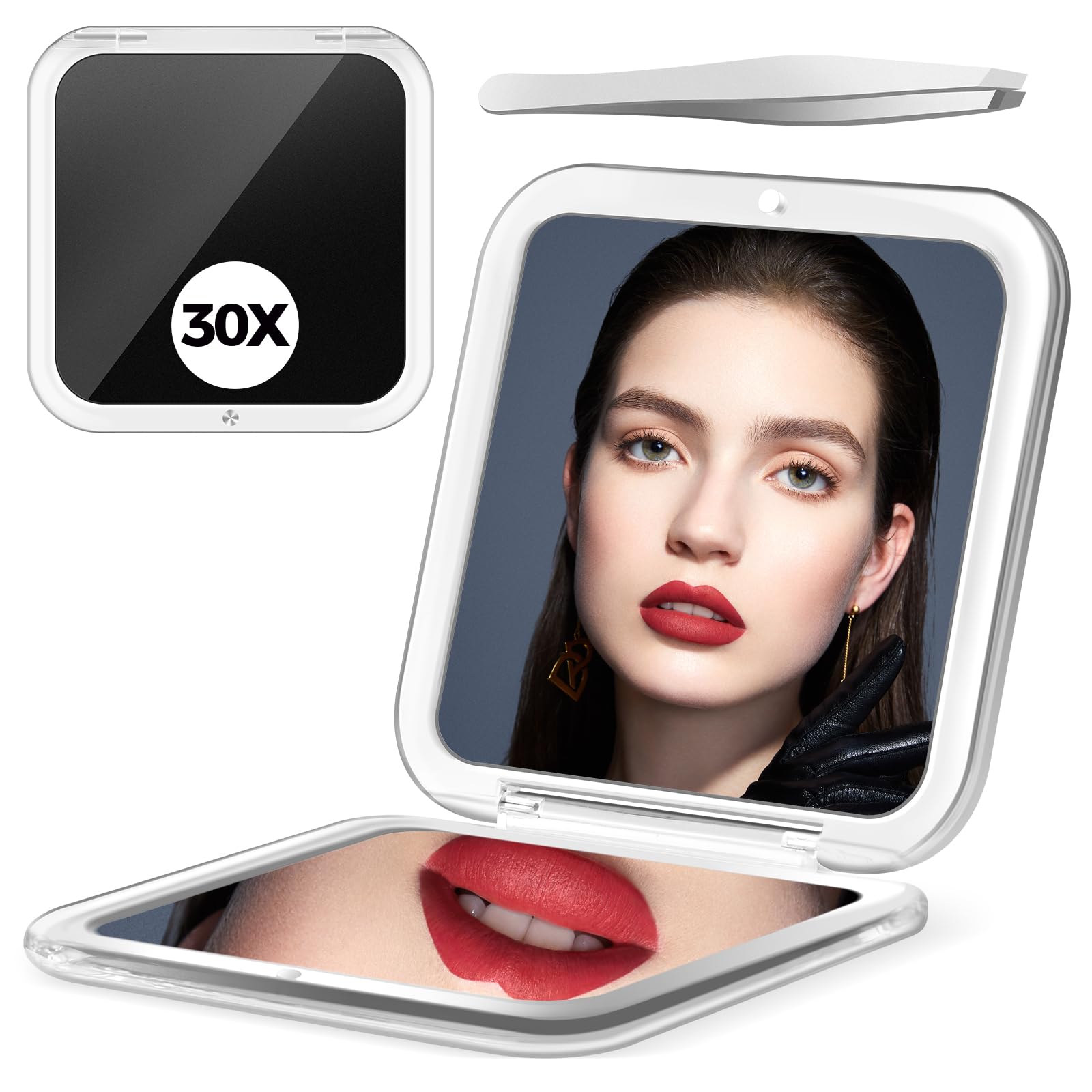 30X Magnifying Mirror, Compact Travel Mirror for Purse & Pocket, Double-Sided 1X/30X HD Makeup Mirror with Tweezers - Portable Mirror for Eyebrow Plucking, Daily Beauty & Travel Essentials, Black