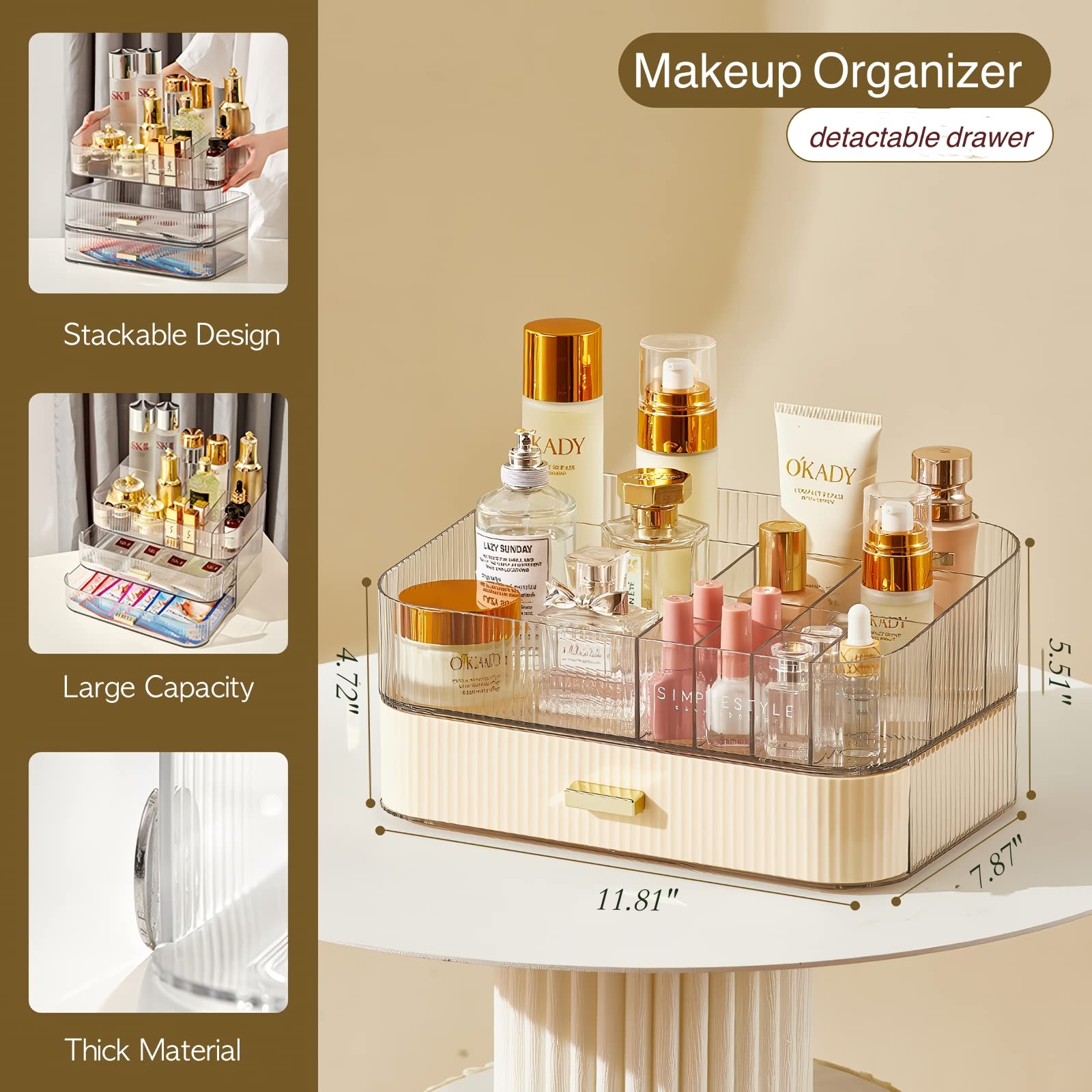 Clear Makeup Organizer With Stackable Drawer, Cosmetic Storage Display Case For Vanity, Bathroom Countertop Or Dresser,Counter T