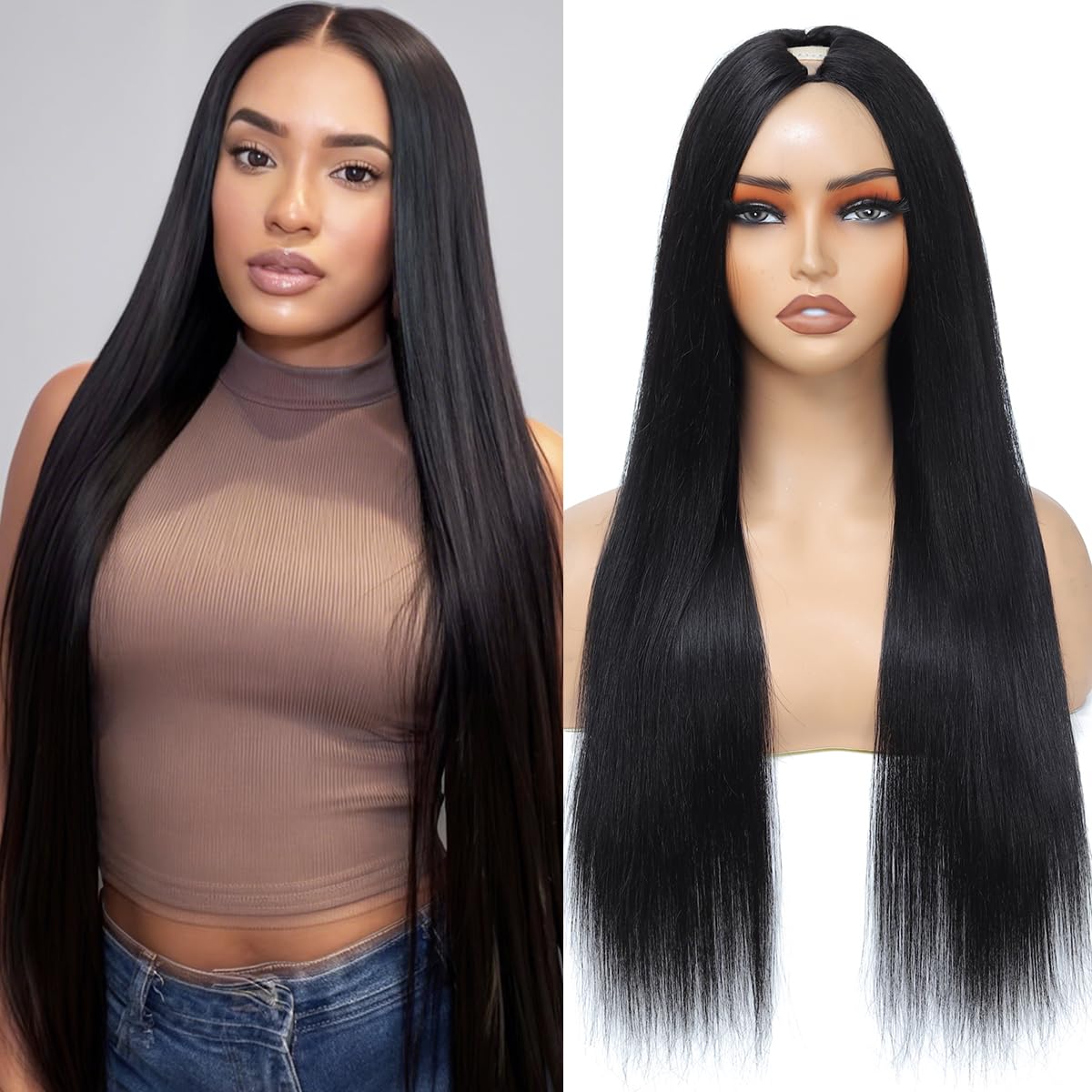 Aolvoblees V Part Wigs Human Hair Straight Minimal/No Leave Out Upgrade U Part Wig for Black Women V Shape Wig Clip in Half Wig 