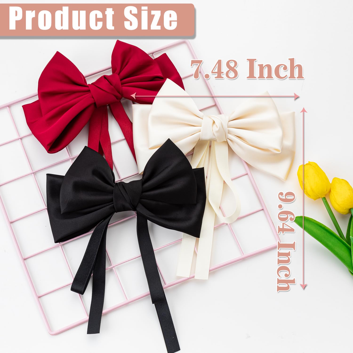 Seneeel Large Hair Bows 3 Pcs, Hair Bows For Women, Oversized Long-Tail Cute Aesthetic Hair Accessories, Big Bows For Girls (Bla