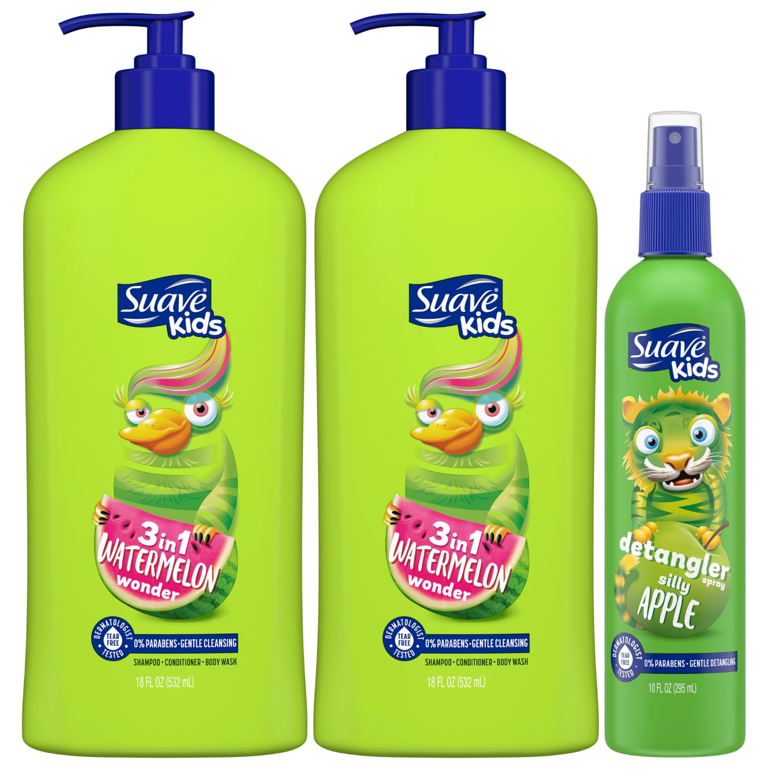 Suave Kids Shampoo & Conditioner 3-In-1, Watermelon Wonder 2-Pack + Detangler Spray For Kids, Silly Apple, Dermatologist-Tested