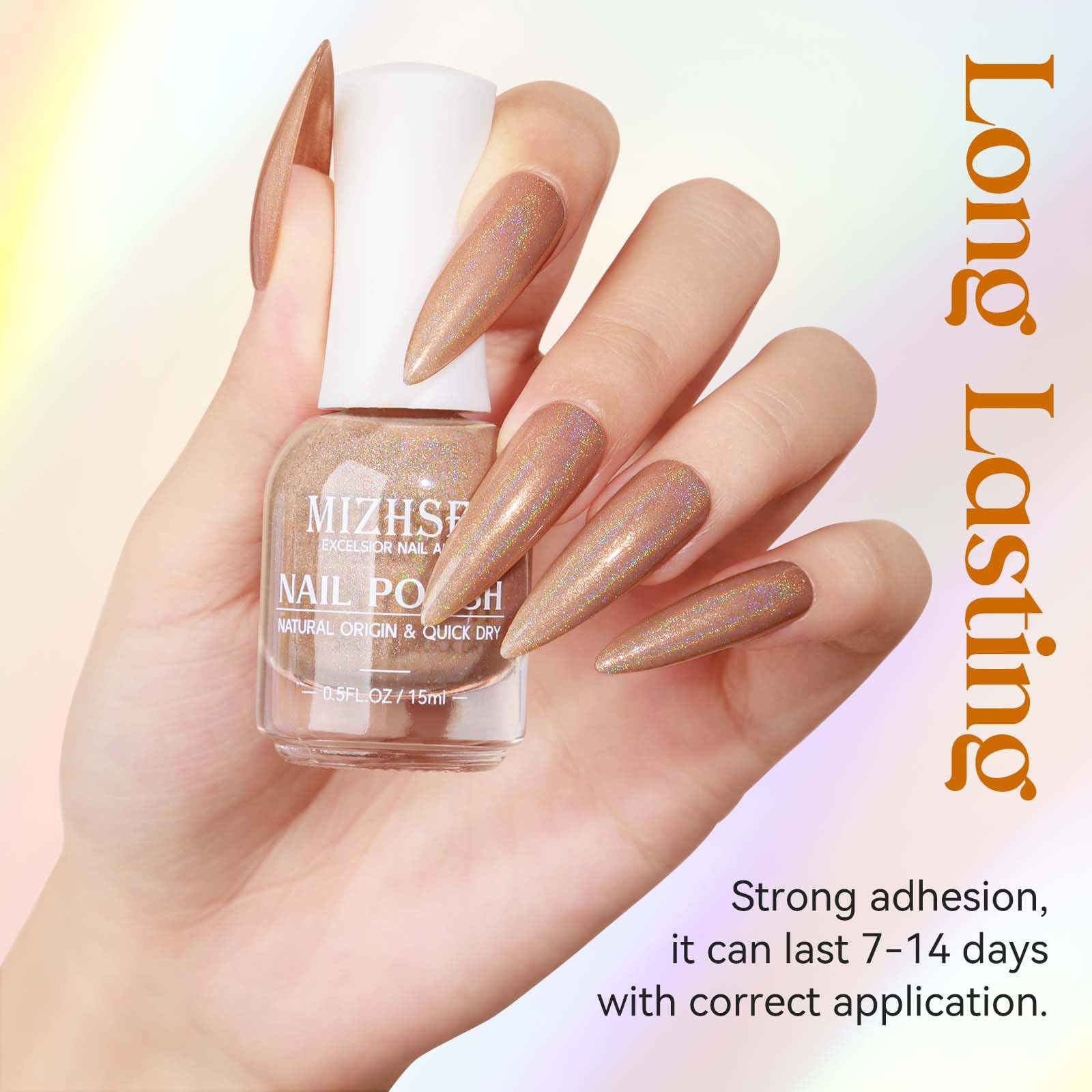 Mizhse Holographic Nail Polish, Light Brown Shimmery Nail Polish Non Gel, Air Dry Fast Glossy Shiny Nail Pigment Oil-Based Laser